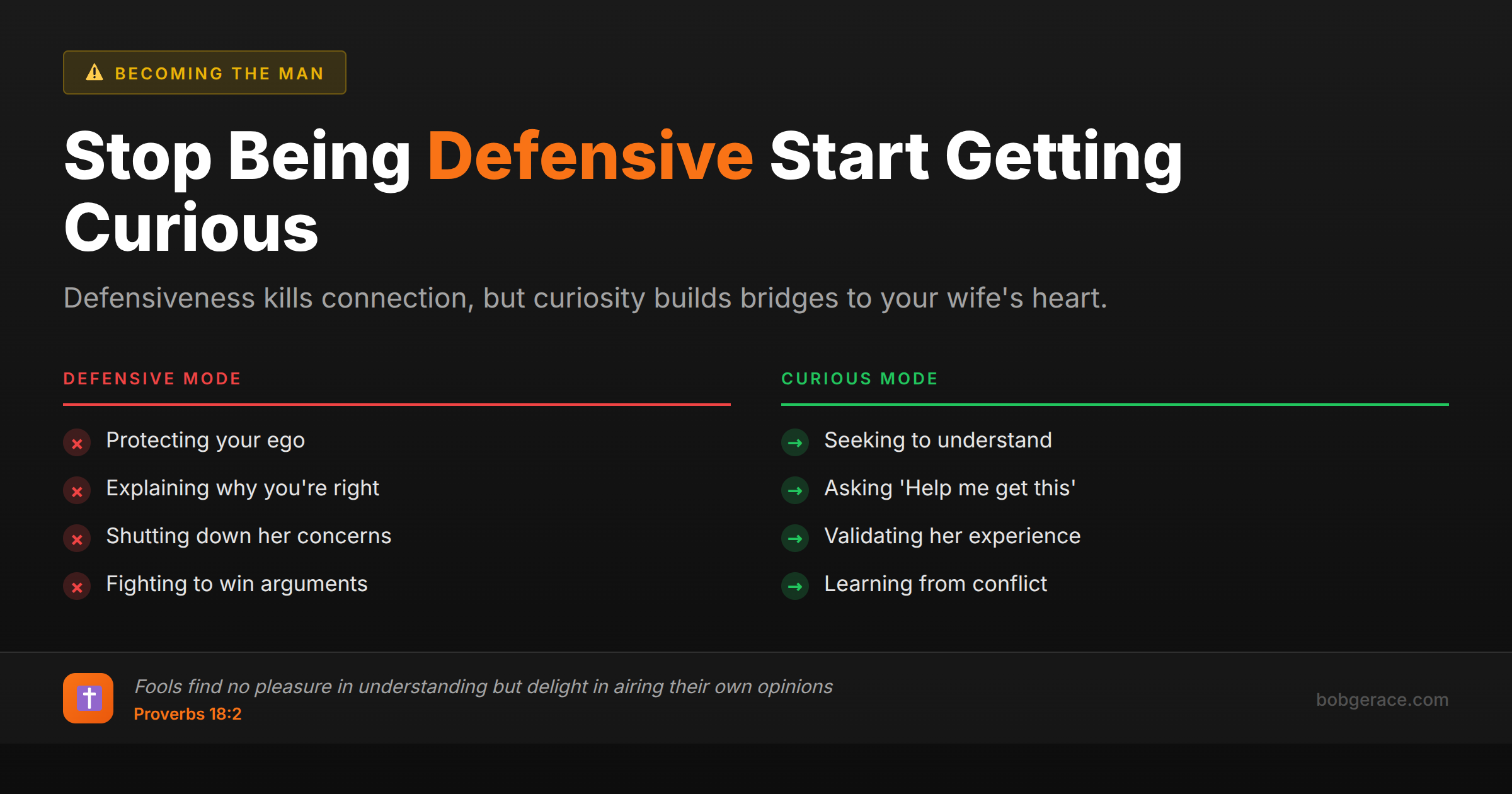 Marriage advice comparing defensive vs curious responses with Bible verse about understanding over opinions
