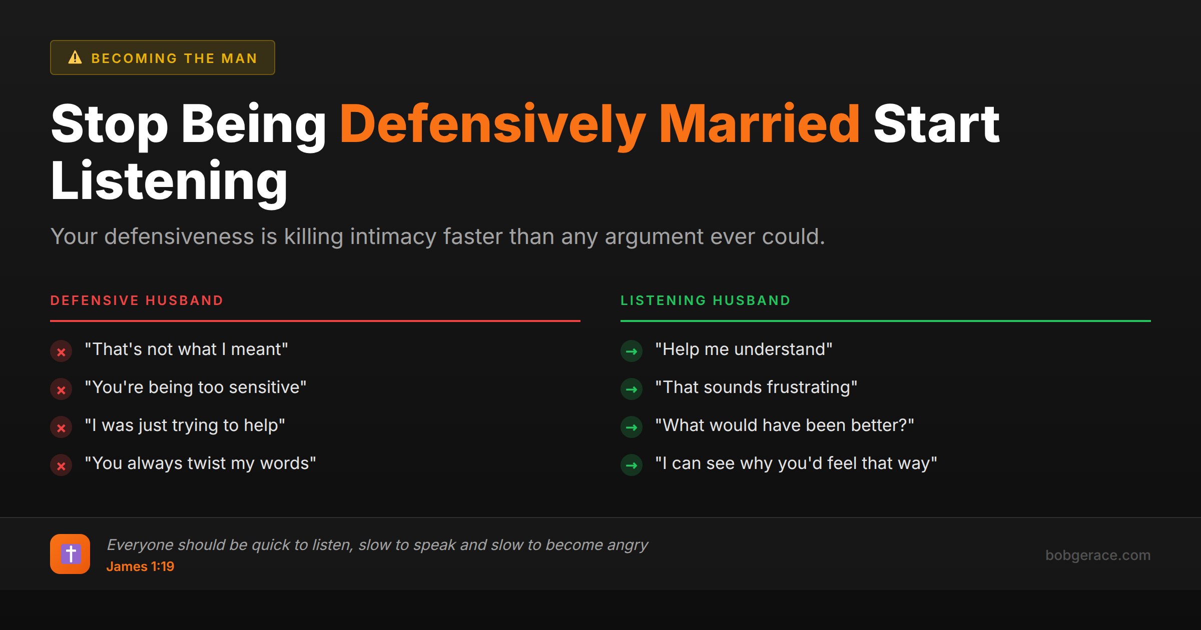 Marriage advice comparing defensive husband responses versus listening husband responses, showing how to hear your wife without defending yourself
