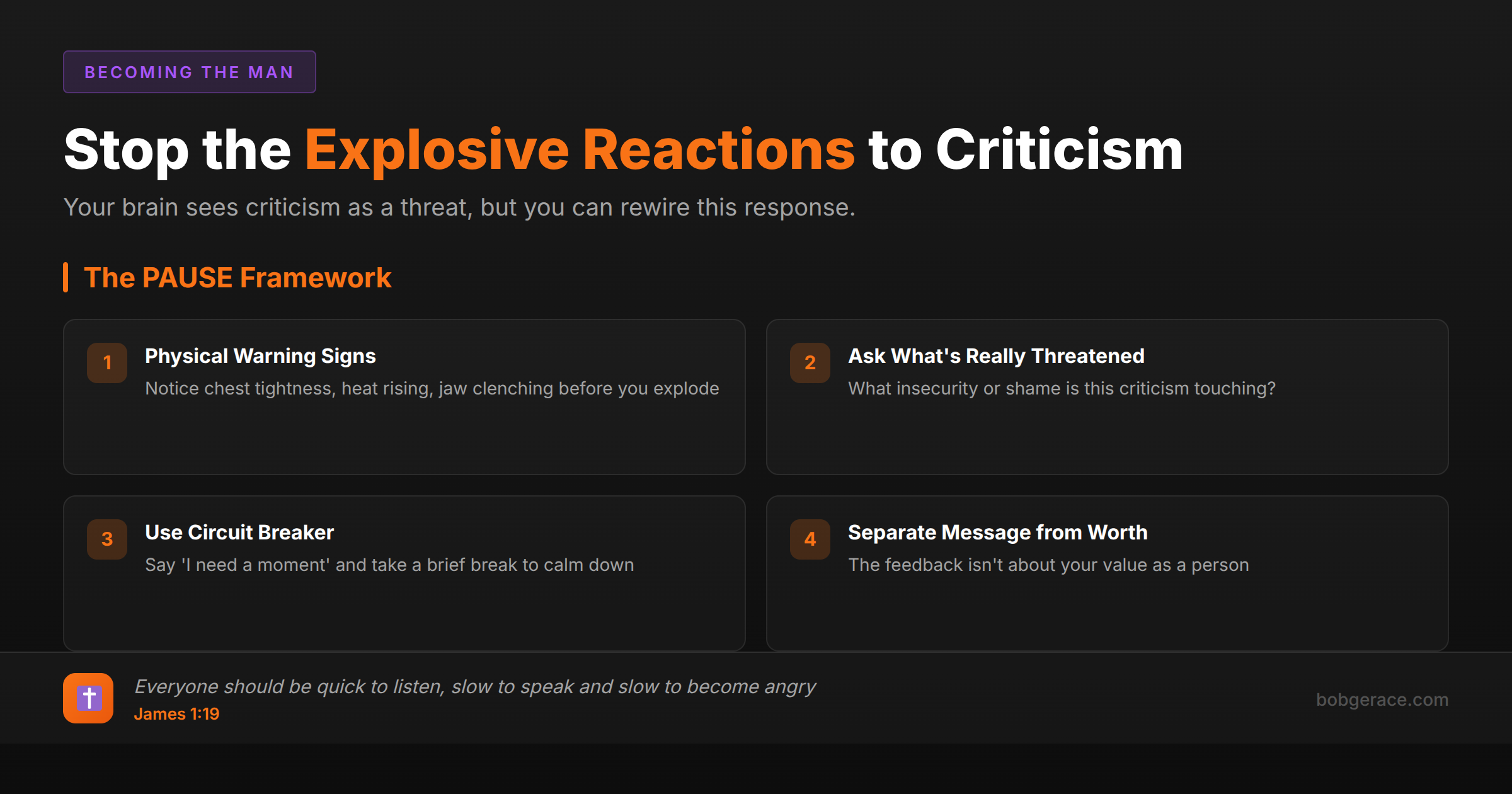 Marriage coaching framework for men to stop explosive reactions to criticism using the PAUSE method with biblical wisdom