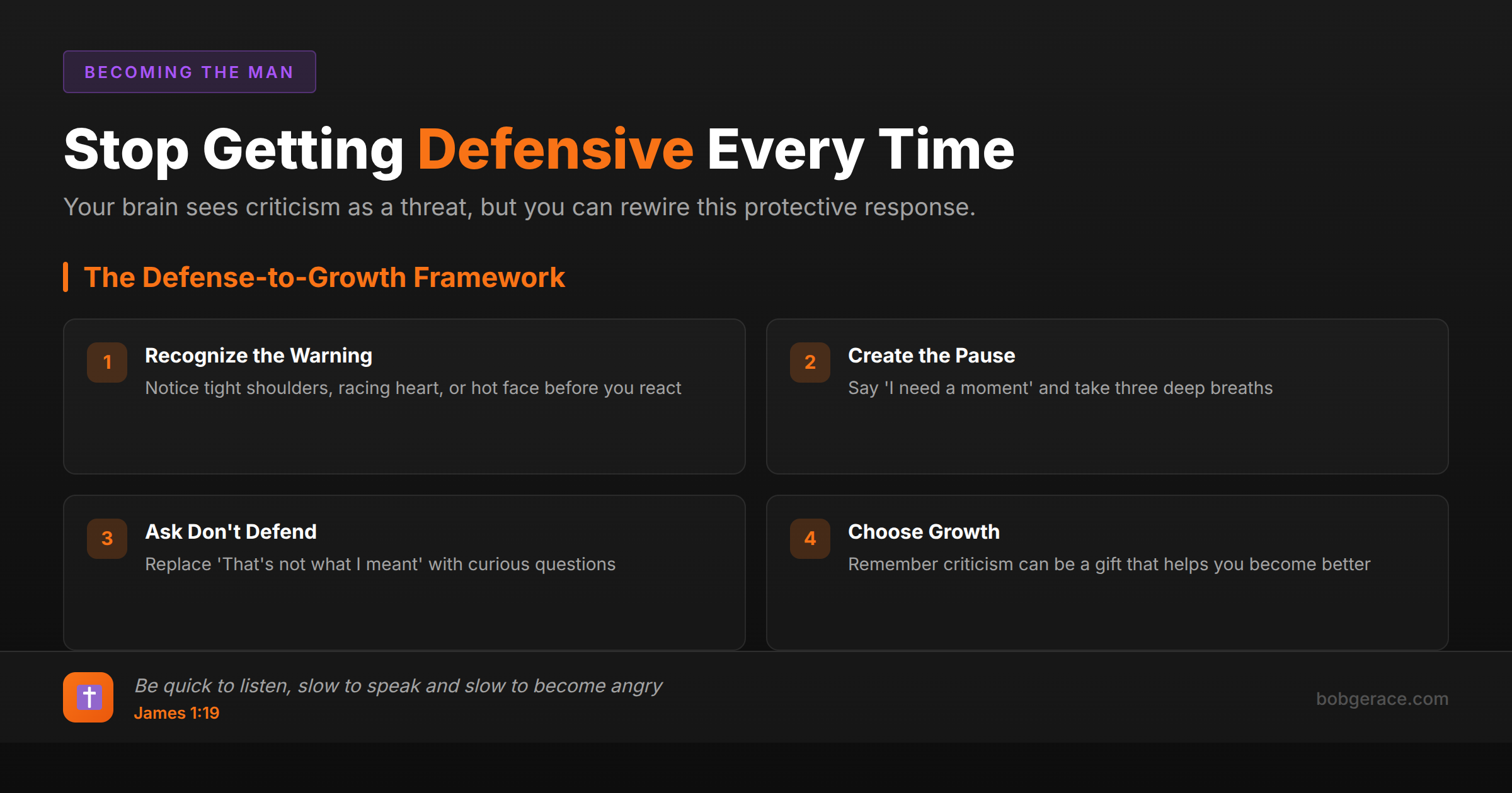 Marriage coaching infographic showing four steps to stop getting defensive in relationships with biblical framework