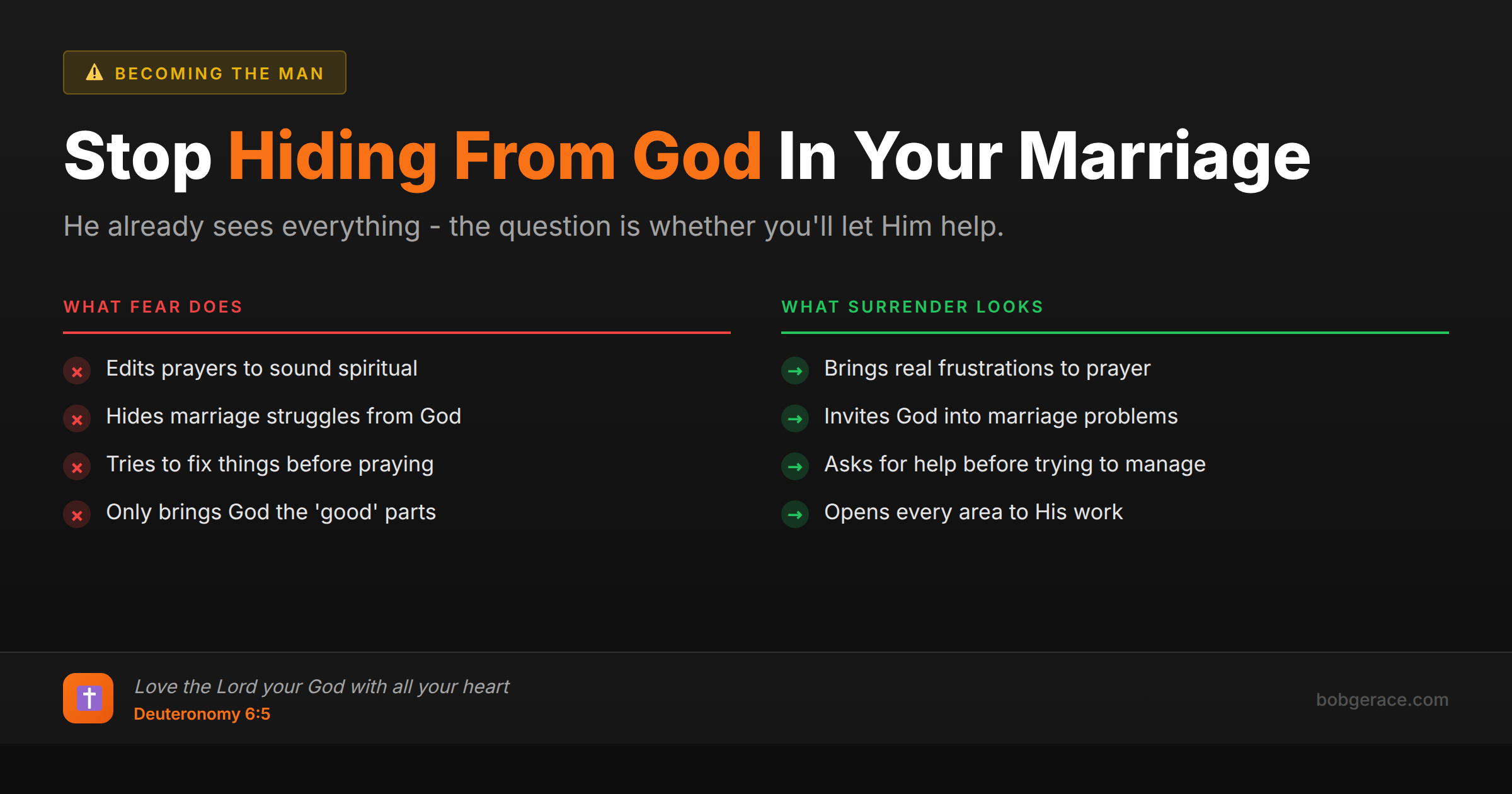 Comparison chart showing the difference between hiding from God versus surrendering completely in marriage and leadership