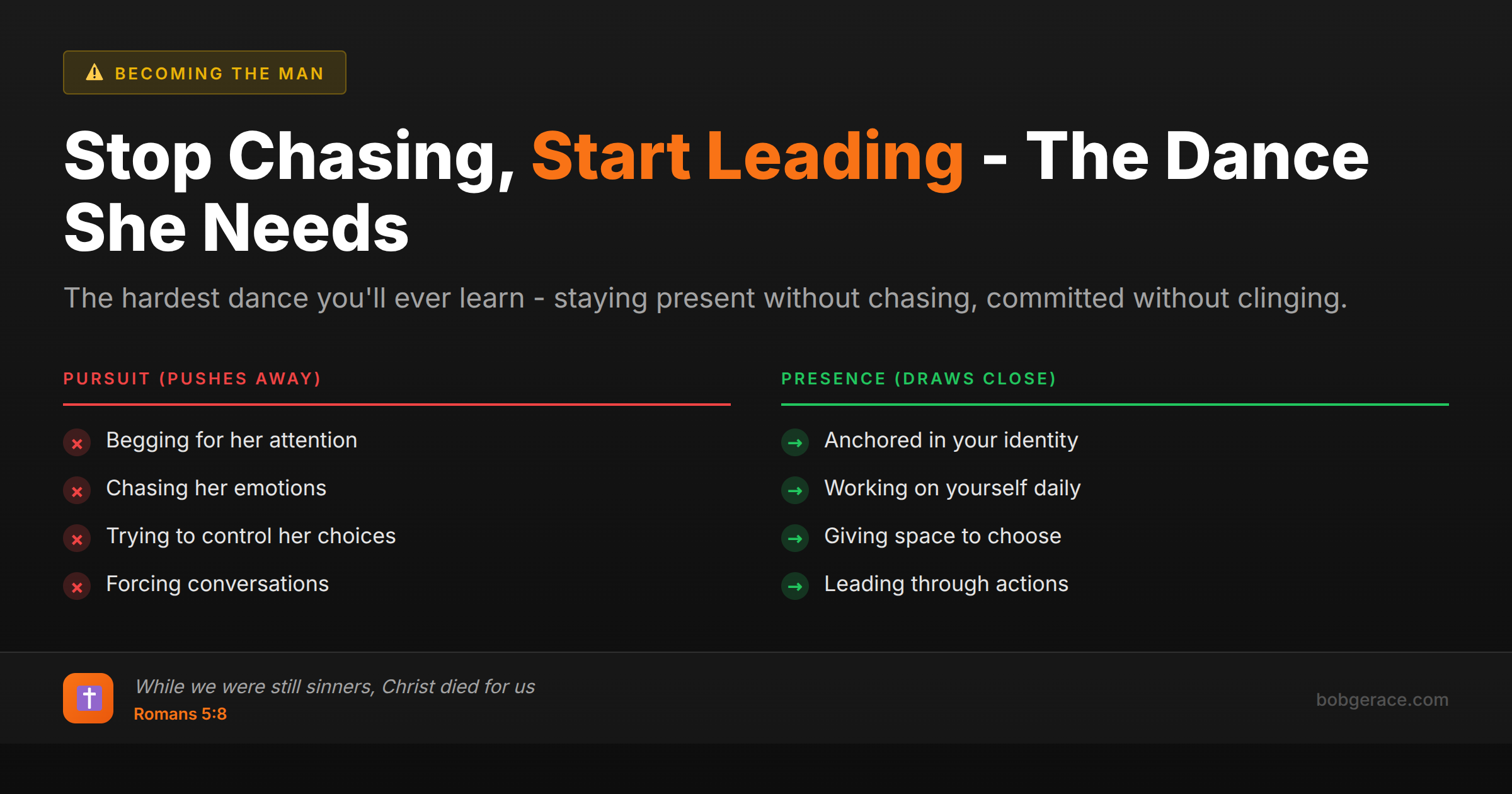 Marriage advice comparing pursuit vs presence - stop chasing and start leading your wife through intentional presence rather than emotional pursuit