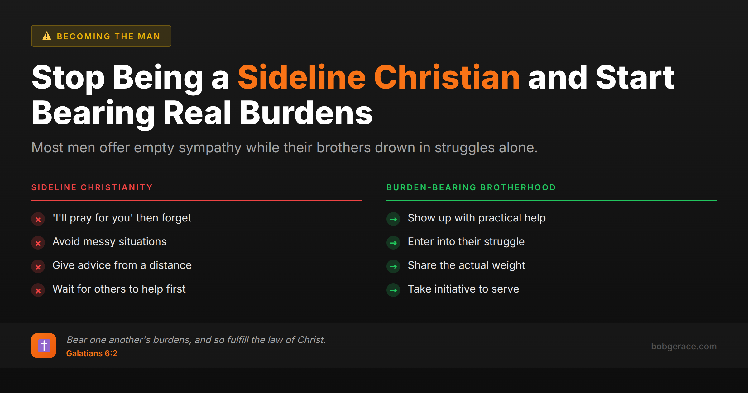 Comparison chart showing sideline Christianity versus burden-bearing brotherhood for Christian men