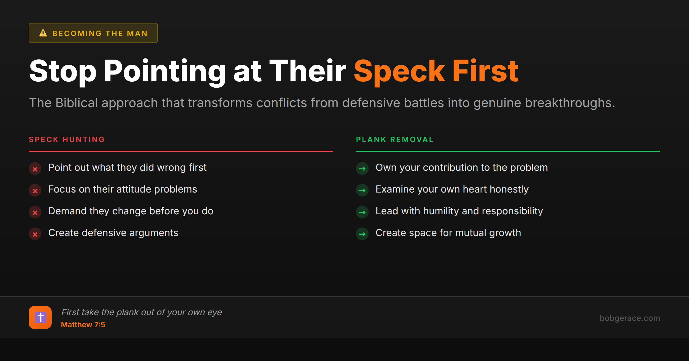 Comparison chart showing speck hunting vs plank removal approaches in marriage conflicts, with Biblical reference to Matthew 7:5