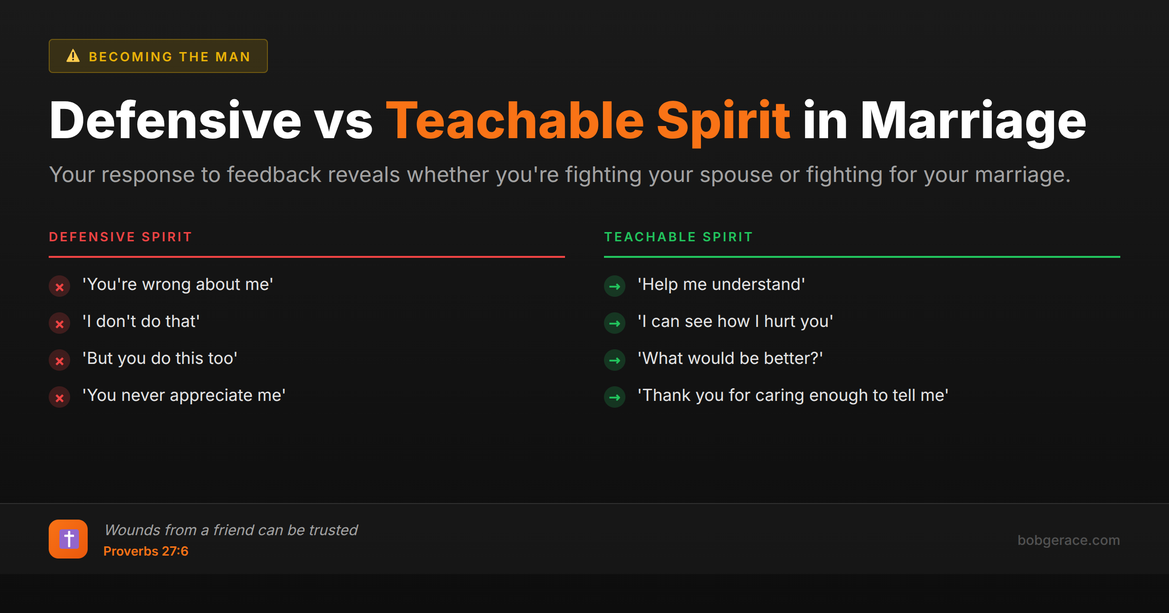 Marriage coaching image comparing defensive responses versus teachable spirit responses to spouse's feedback
