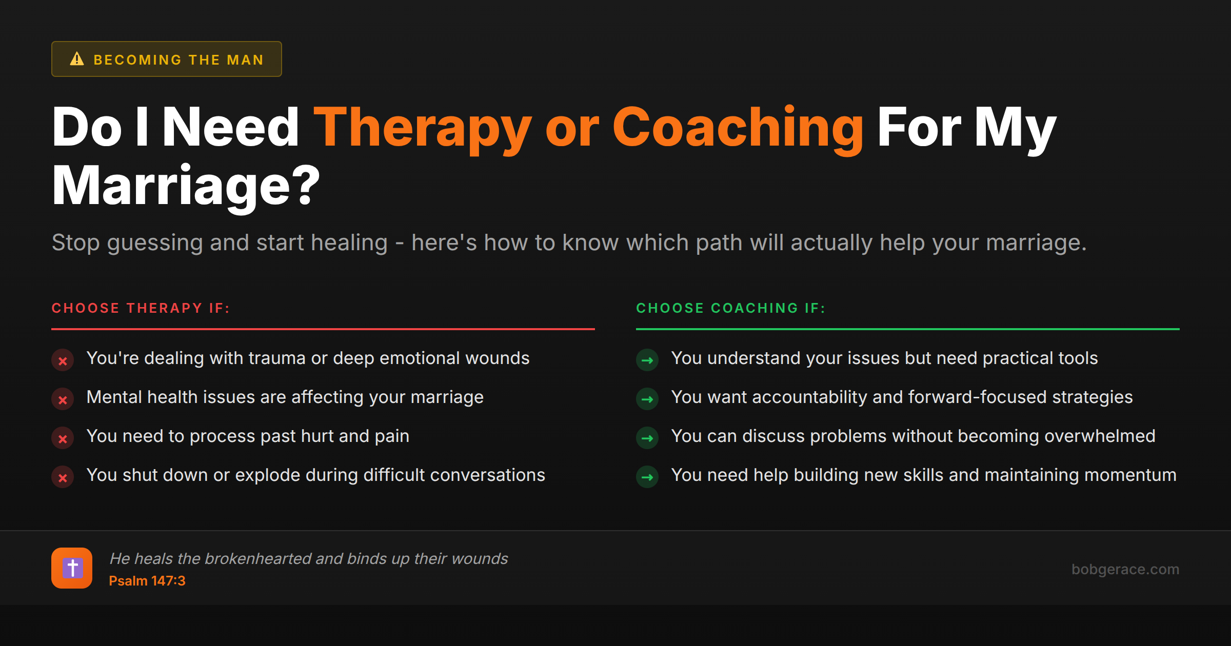 Marriage help guide comparing when to choose therapy versus coaching for relationship problems