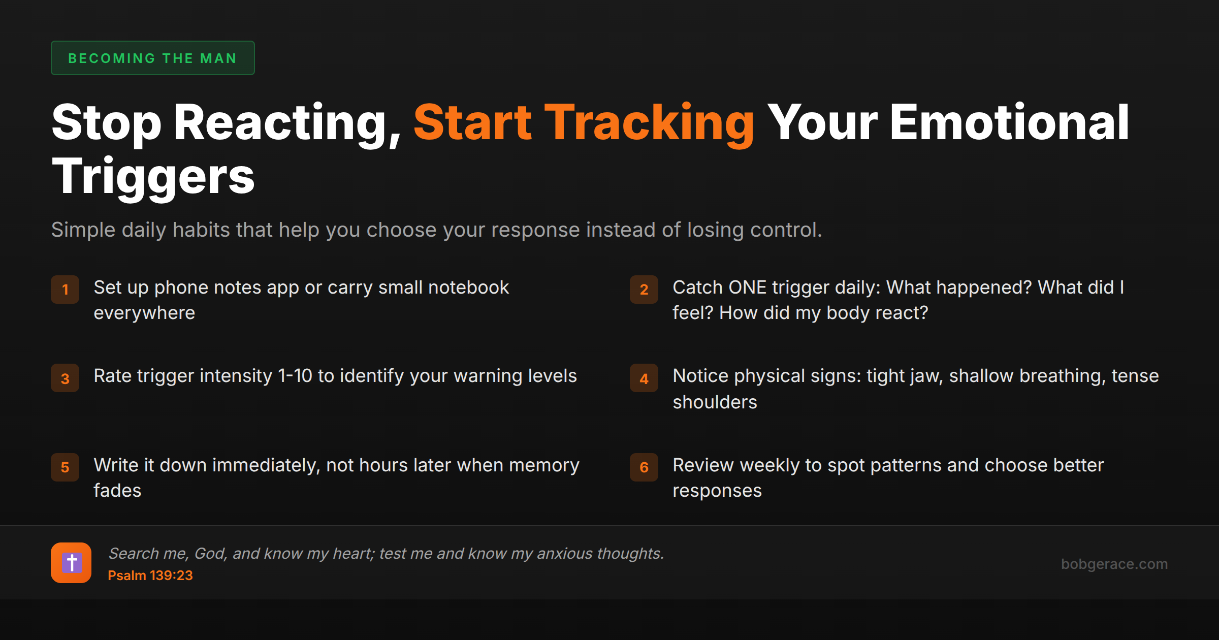 Marriage coaching checklist for tracking emotional triggers with biblical foundation from Psalm 139:23