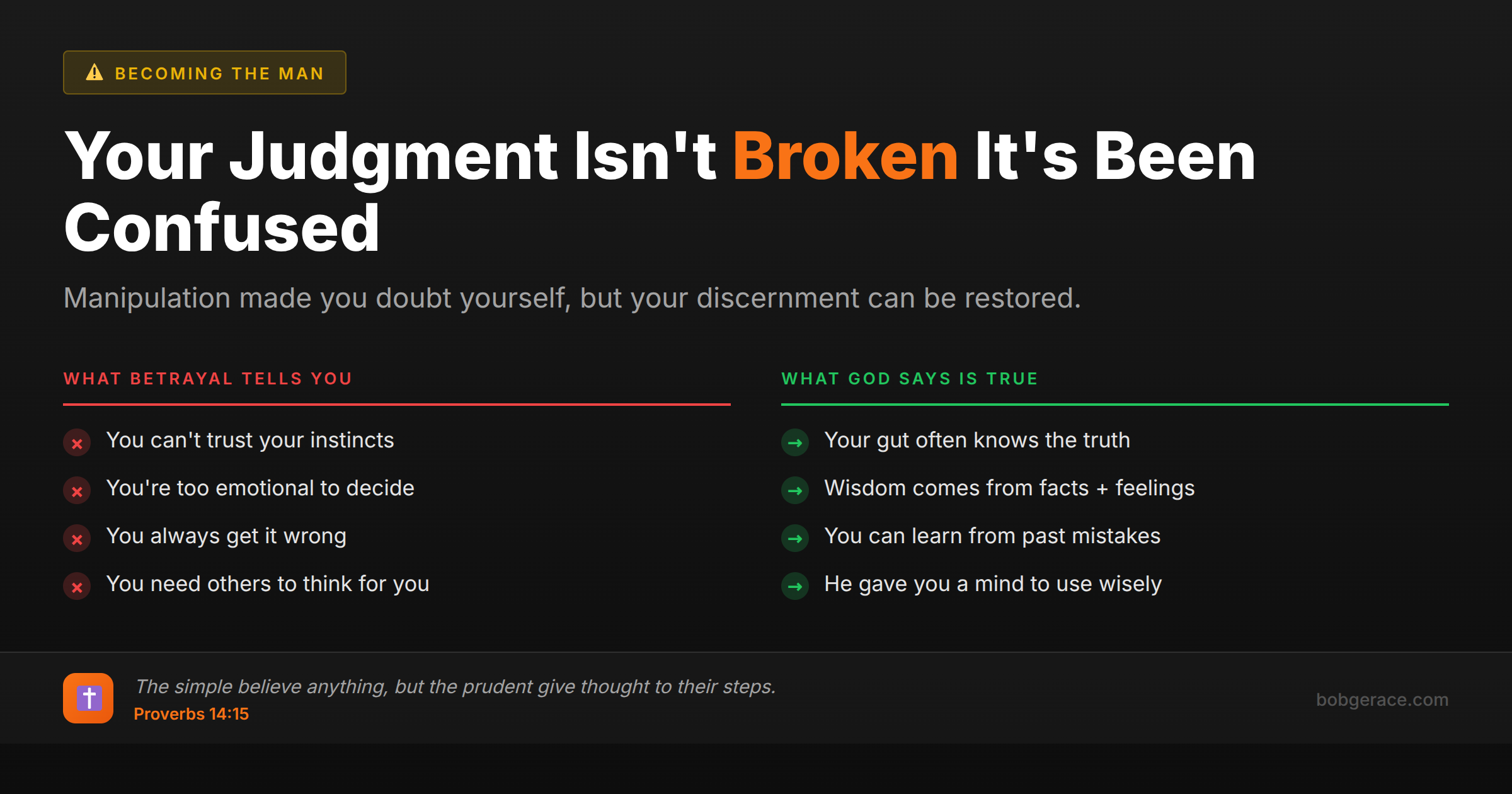 Comparison chart showing the difference between betrayal's lies about judgment versus God's truth about discernment and wise decision-making
