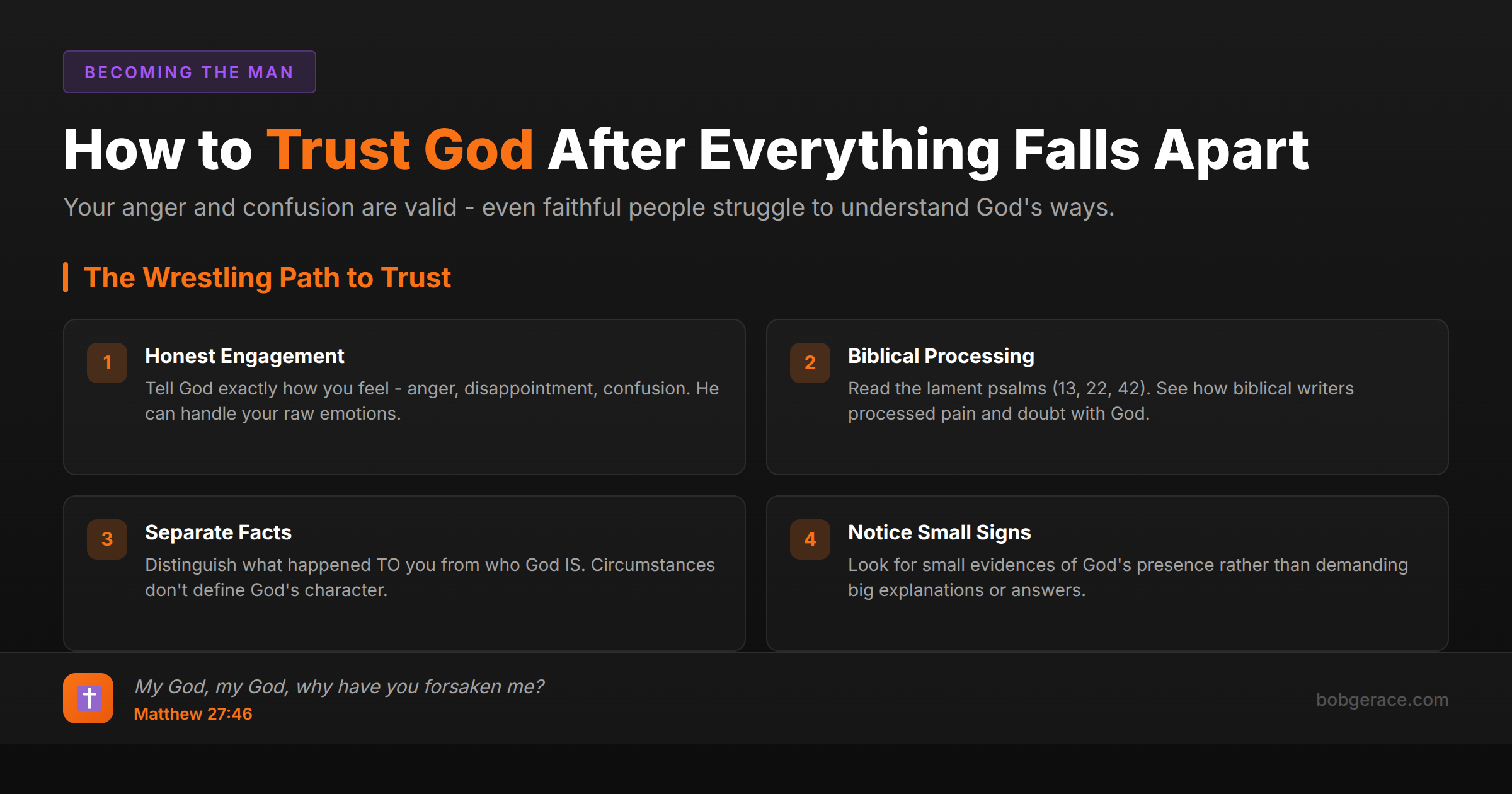 Marriage coaching framework for trusting God after crisis featuring the Wrestling Path to Trust with four principles for processing pain and rebuilding faith