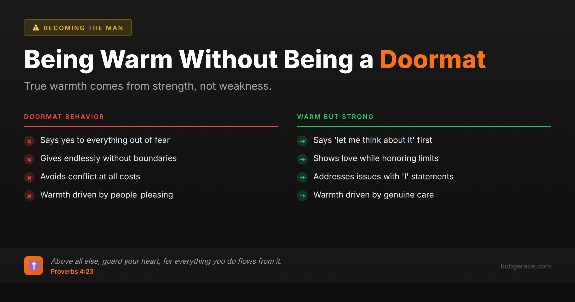 Marriage advice comparing doormat behavior versus being warm but strong with healthy boundaries