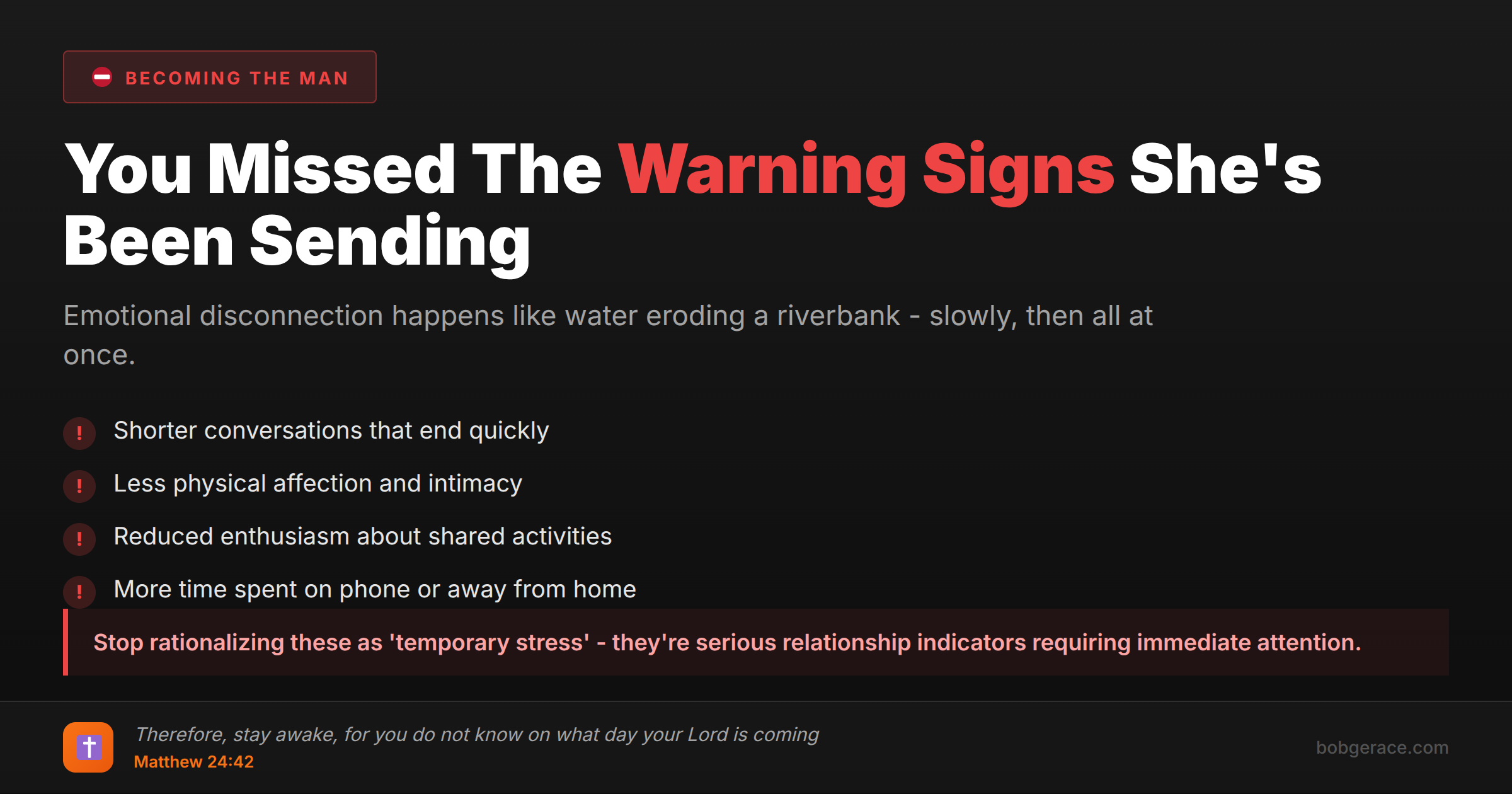 Marriage coaching infographic showing warning signs of emotional disconnection that husbands commonly miss, with biblical guidance for staying alert in marriage