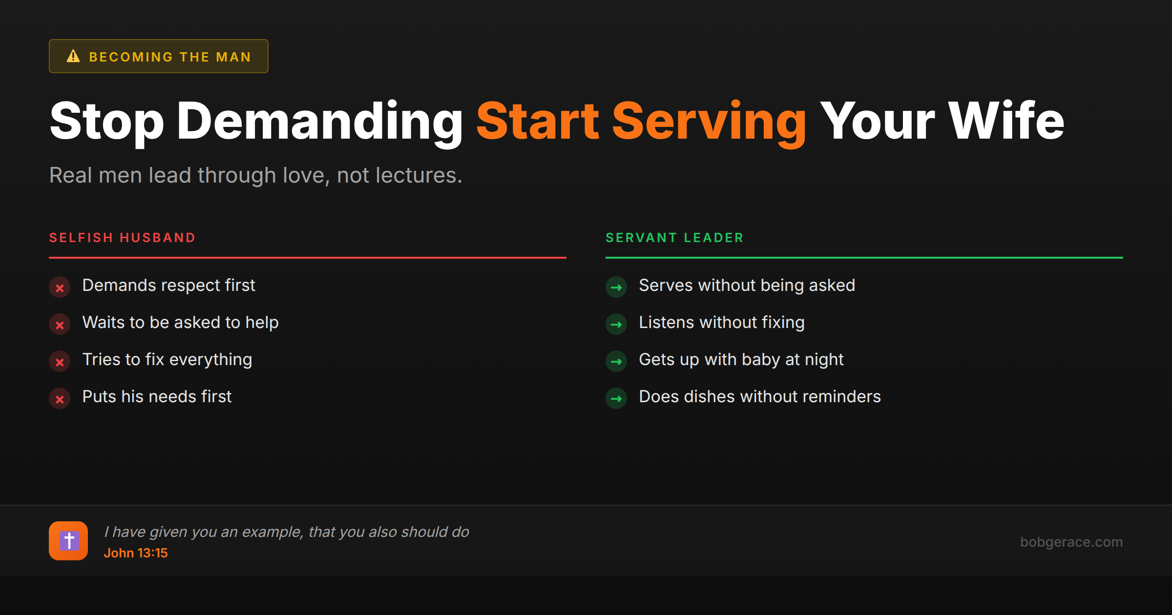 Comparison chart showing selfish husband behaviors versus servant leader behaviors in marriage, based on biblical foot washing principles