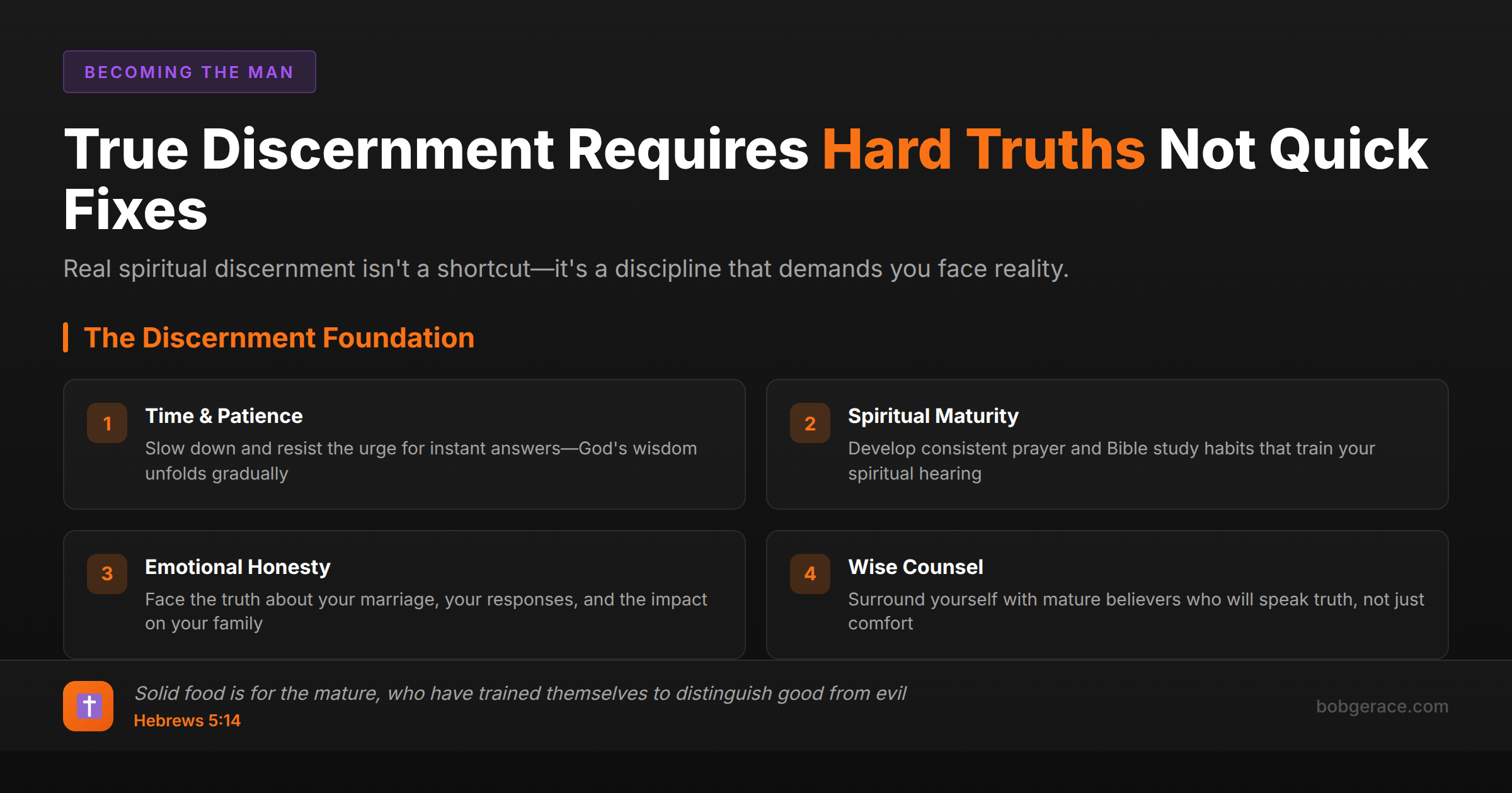 Marriage coaching framework showing the four requirements for true spiritual discernment: time and patience, spiritual maturity, emotional honesty, and wise counsel