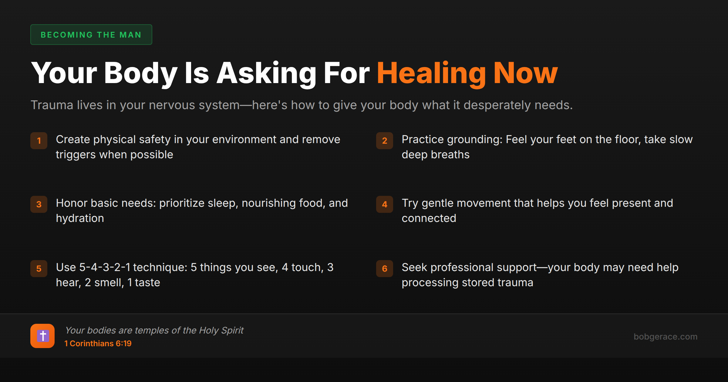 Checklist of 6 ways to help your body heal after trauma, including grounding techniques and basic needs, with Bible verse about bodies being temples