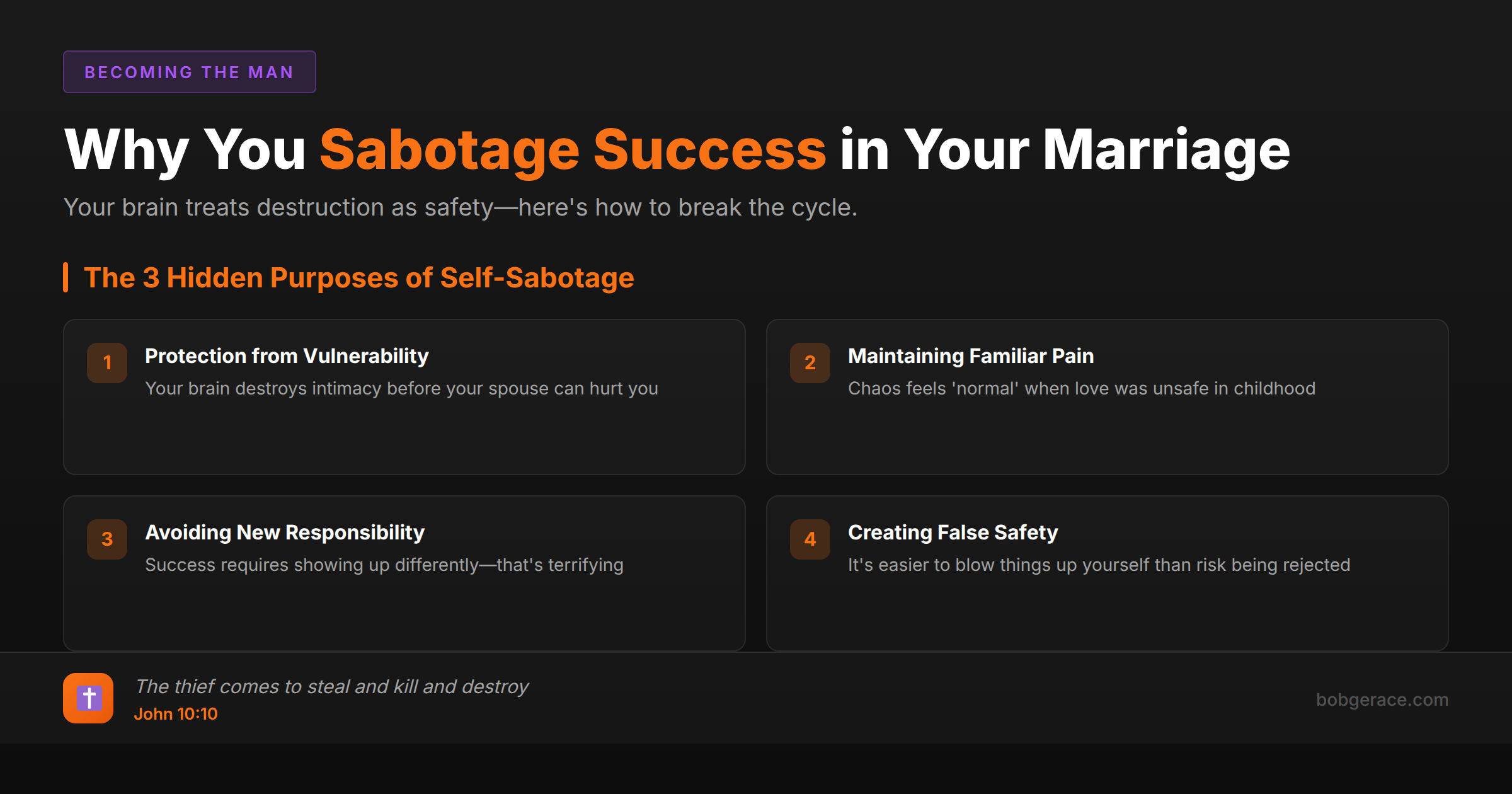 Marriage coaching framework showing the 3 hidden purposes of self-sabotage in relationships with Biblical perspective from John 10:10