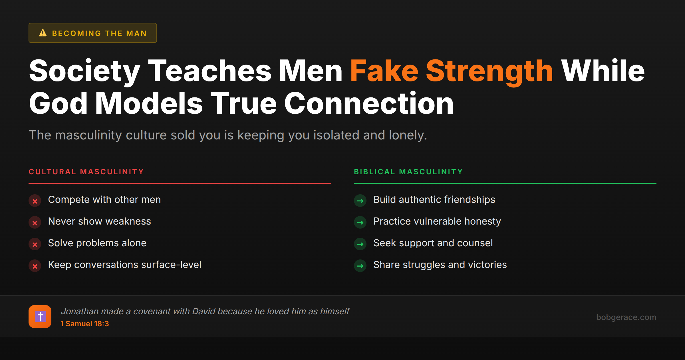 Comparison chart showing cultural masculinity versus biblical masculinity in male friendships and connection