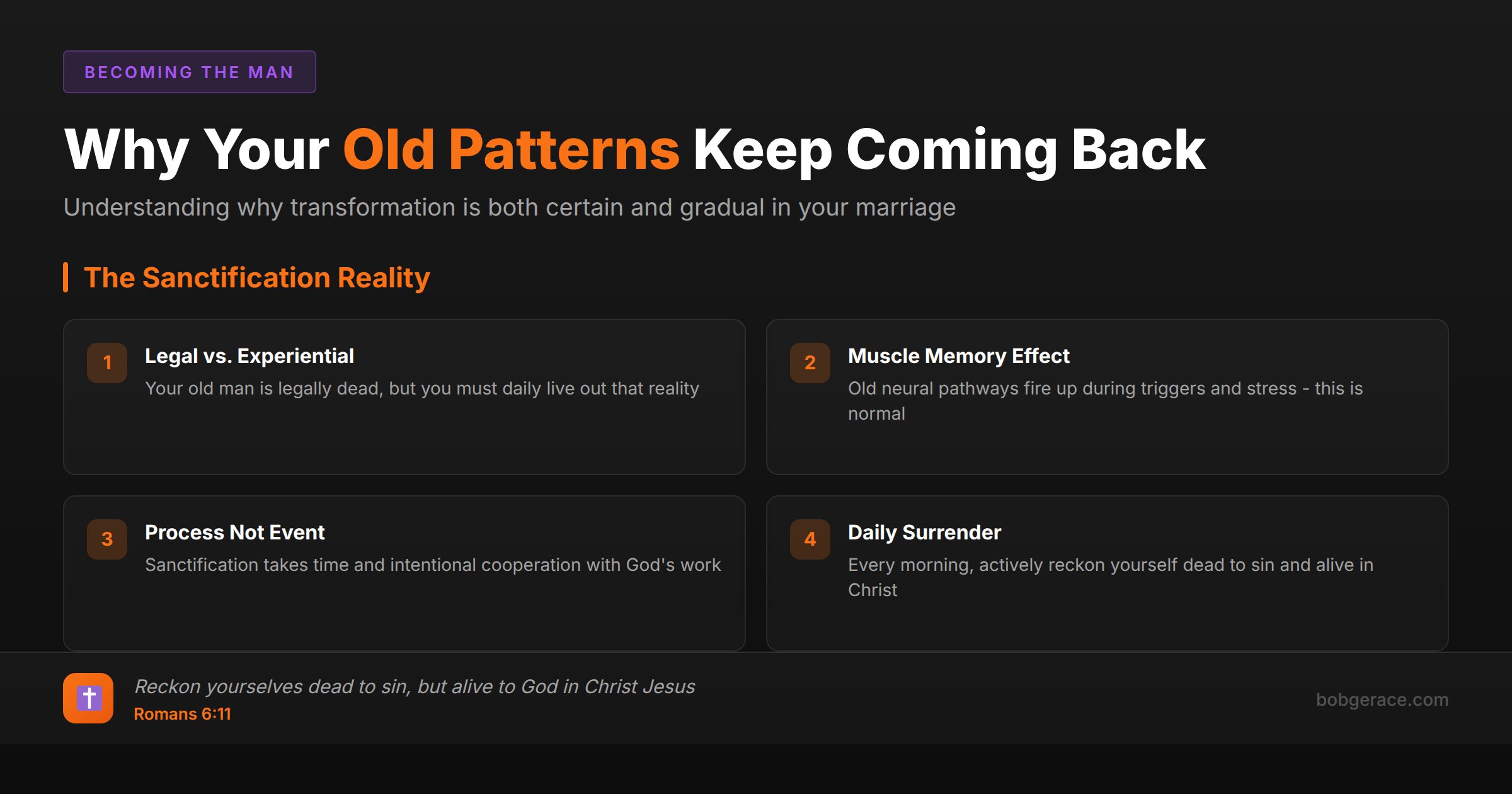 Christian marriage coaching framework explaining why old behavioral patterns resurface and how sanctification is a gradual process requiring daily surrender
