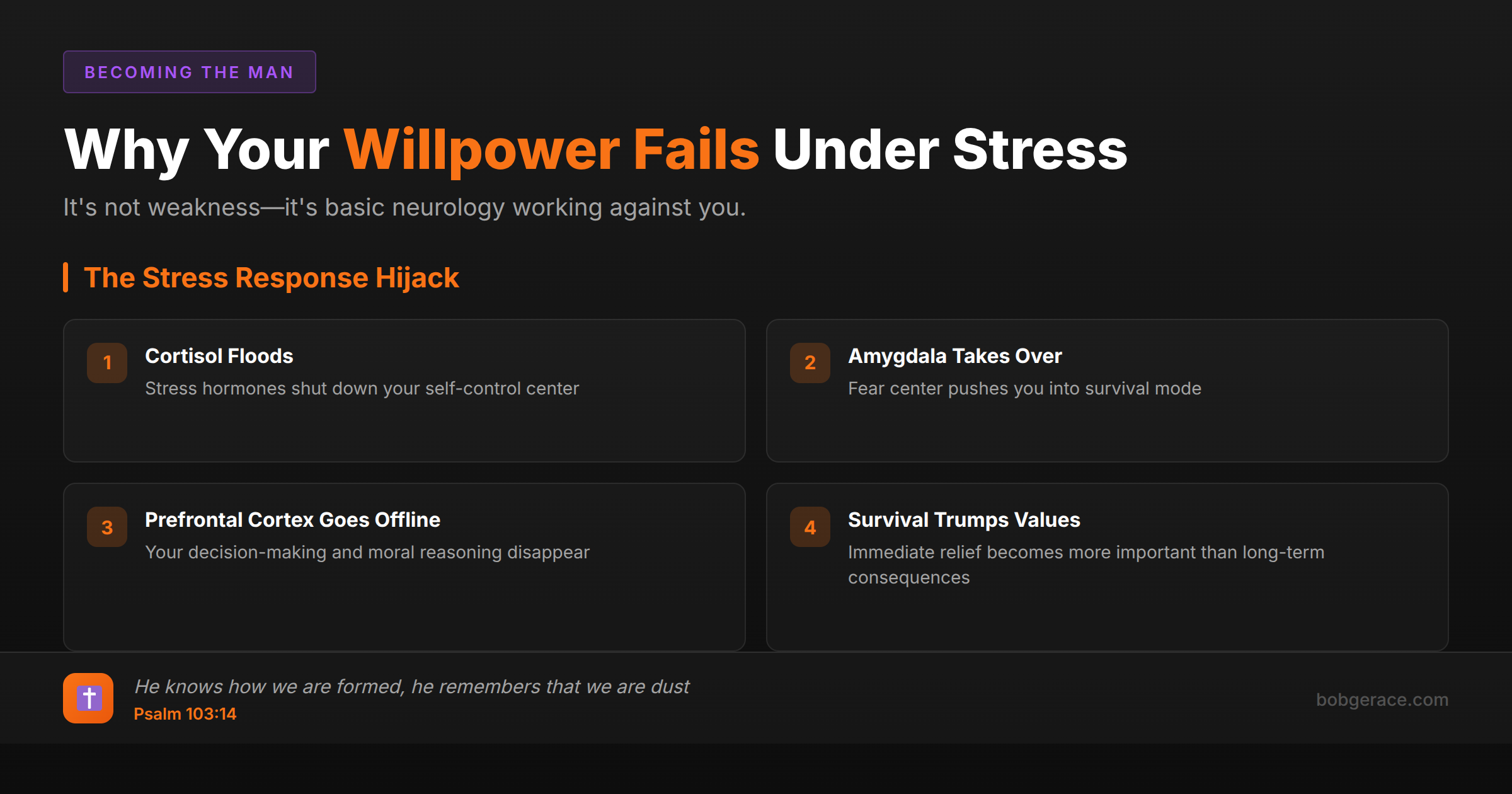 Framework showing why willpower fails under stress - cortisol floods brain, amygdala takes over, prefrontal cortex goes offline, survival trumps values