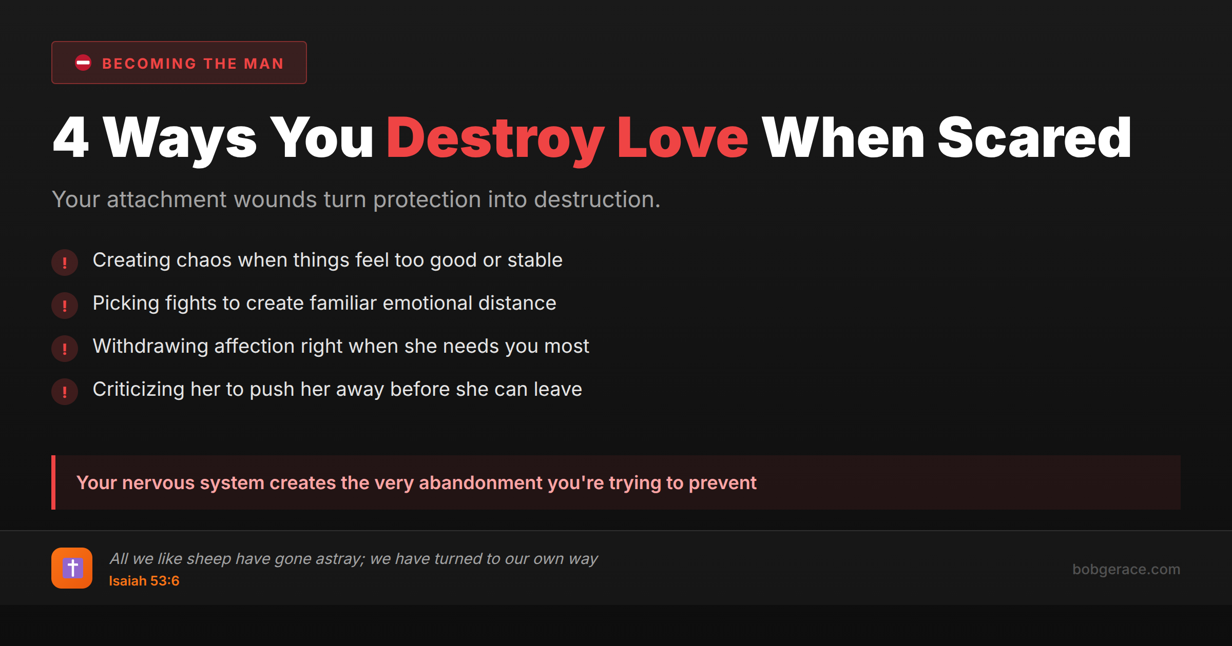 Marriage coaching image about attachment wounds that cause men to hurt their wives when trying to prevent abandonment