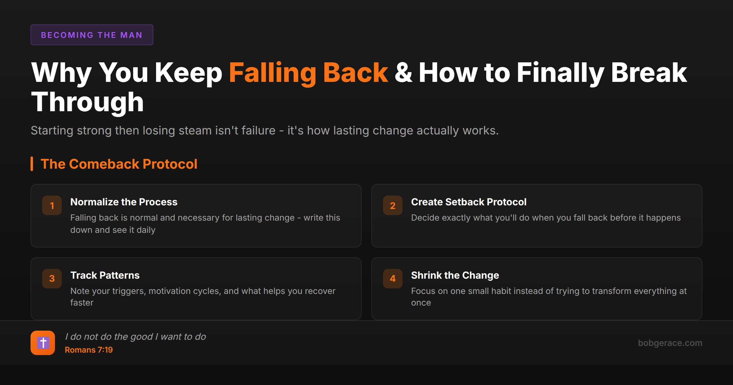 Marriage coaching framework showing why men fall back on improvement efforts and how to break through with the comeback protocol