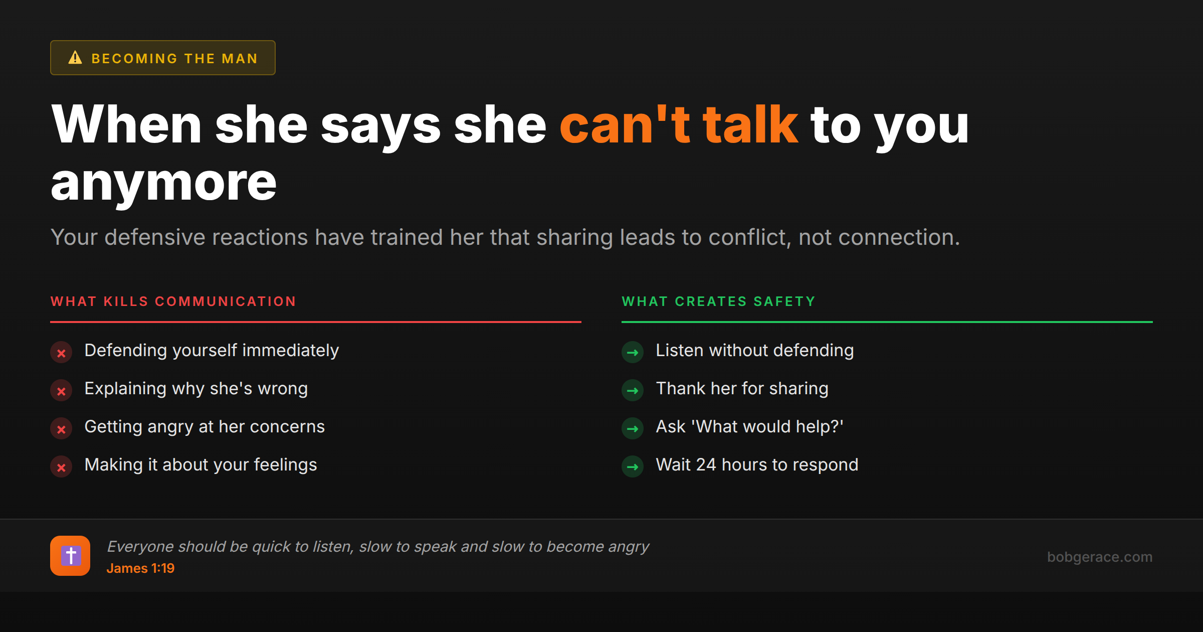 Marriage advice comparing defensive communication habits with safe communication practices for husbands when wives shut down