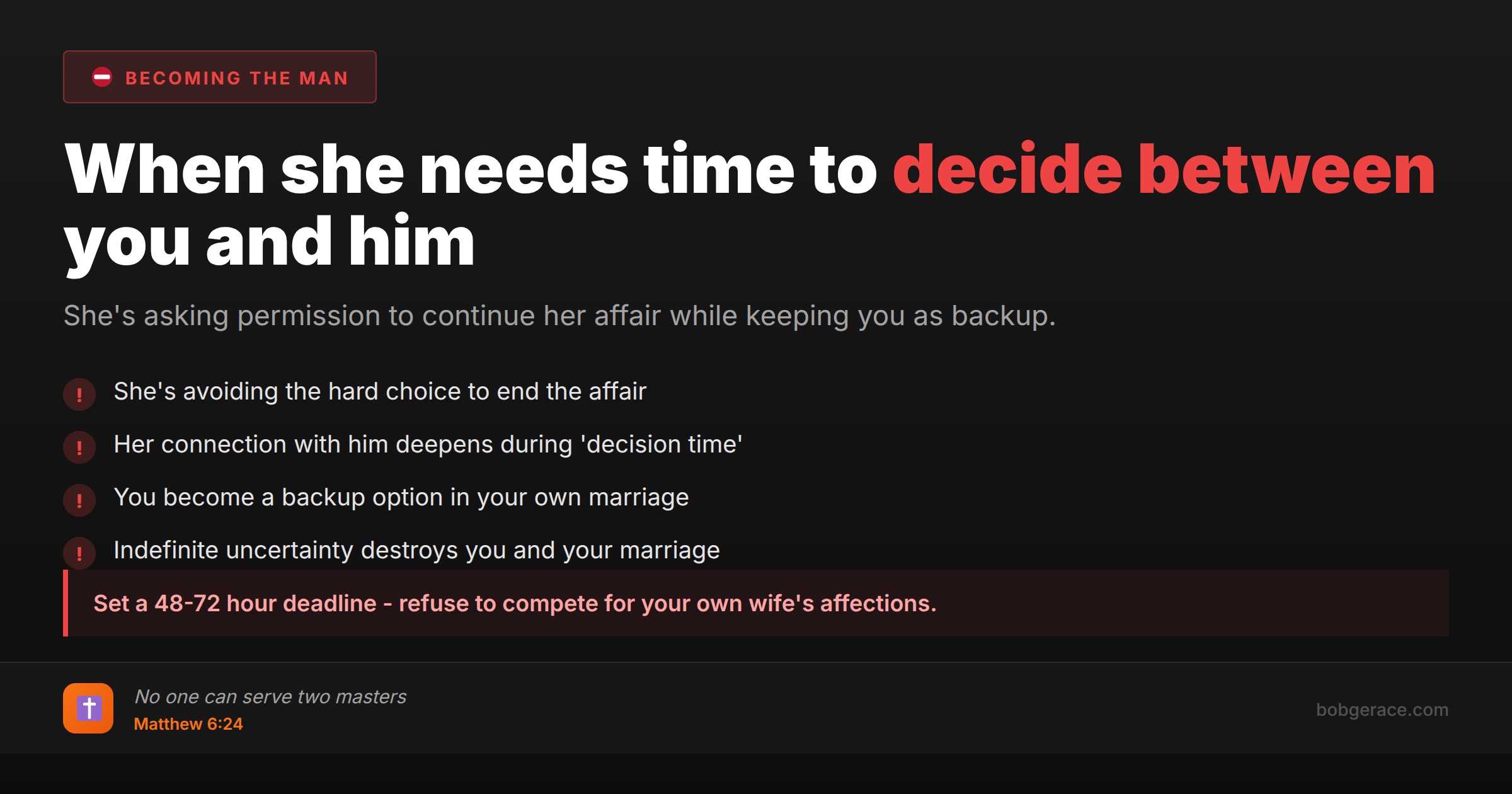 Marriage coaching advice for men when wife says she needs time to choose between husband and affair partner
