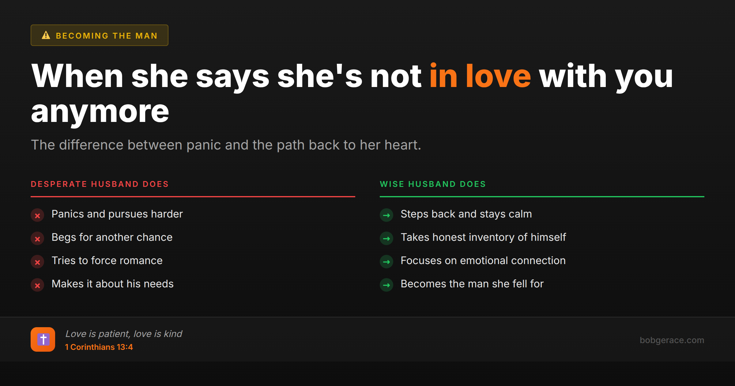 Marriage advice comparing desperate vs wise responses when wife says she's not in love anymore