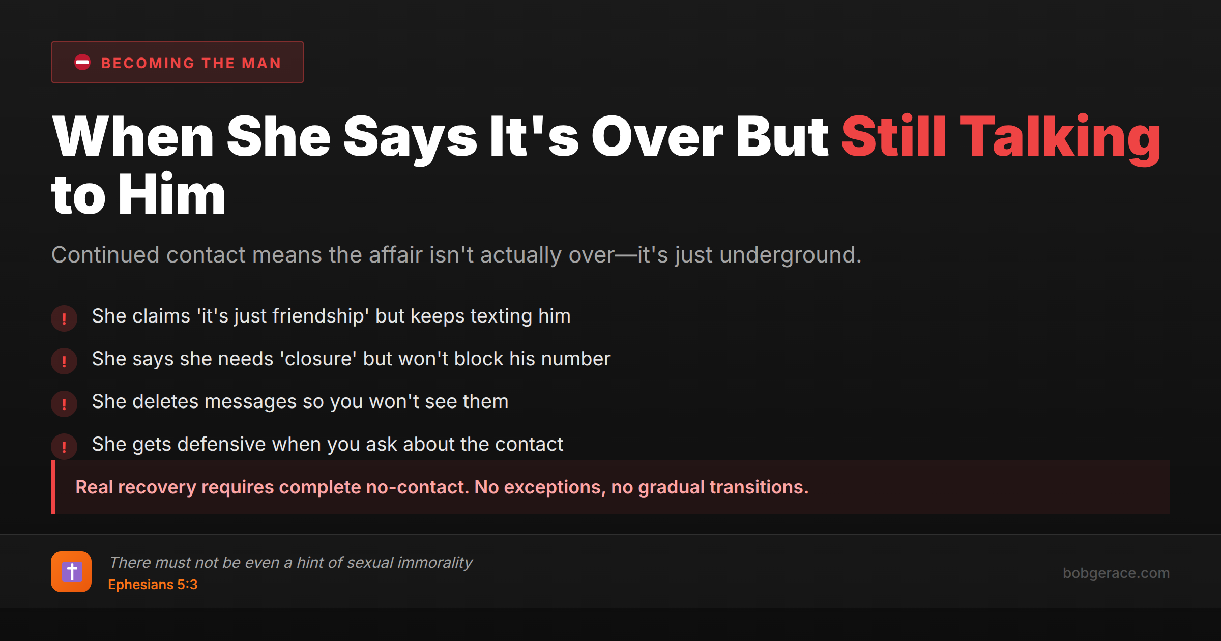 Warning signs when wife claims affair is over but still maintains contact with affair partner - marriage coaching advice