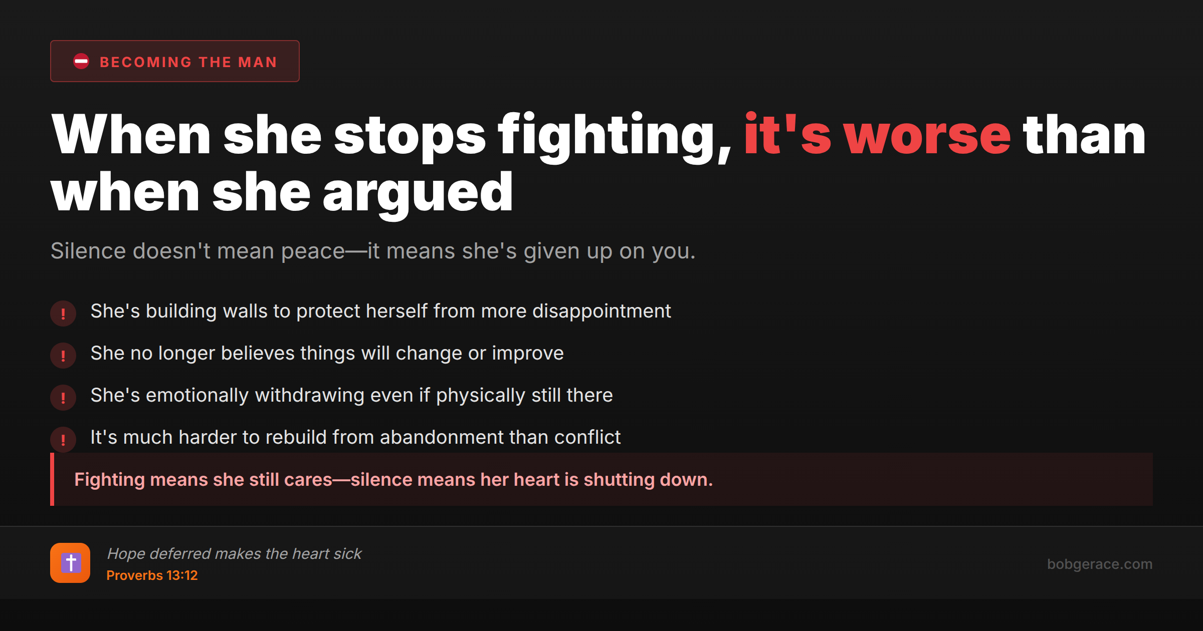 Marriage warning signs when wife stops fighting and goes silent - emotional withdrawal dangers for husbands