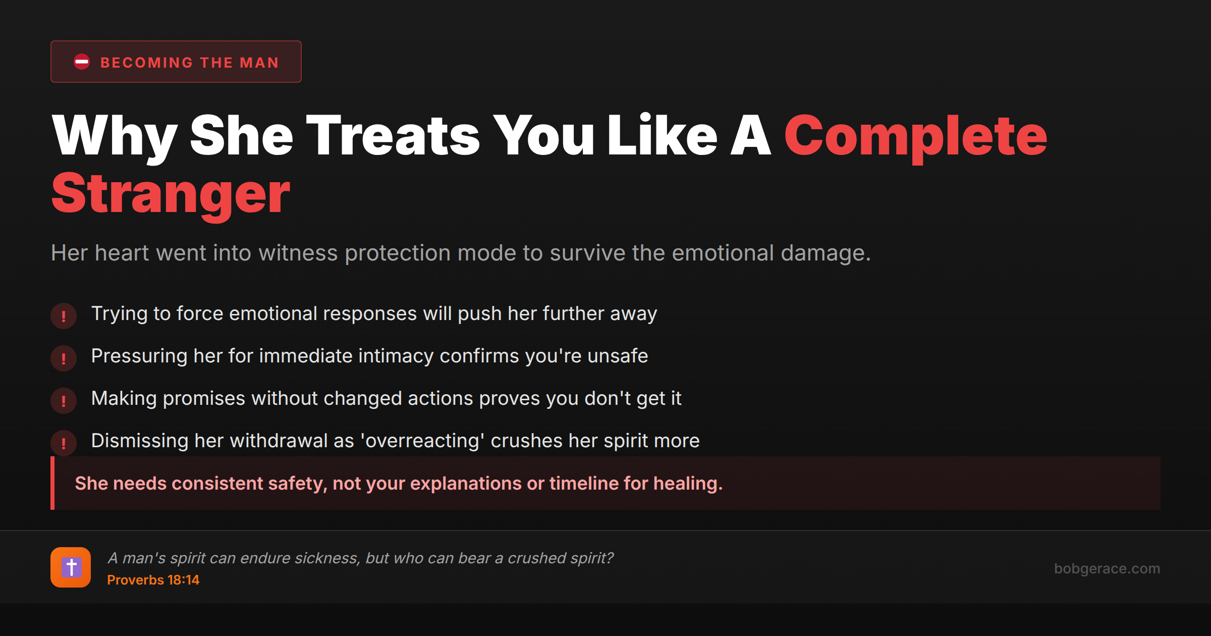 Marriage advice about why wives emotionally withdraw and treat husbands like strangers, with biblical guidance on healing crushed spirits