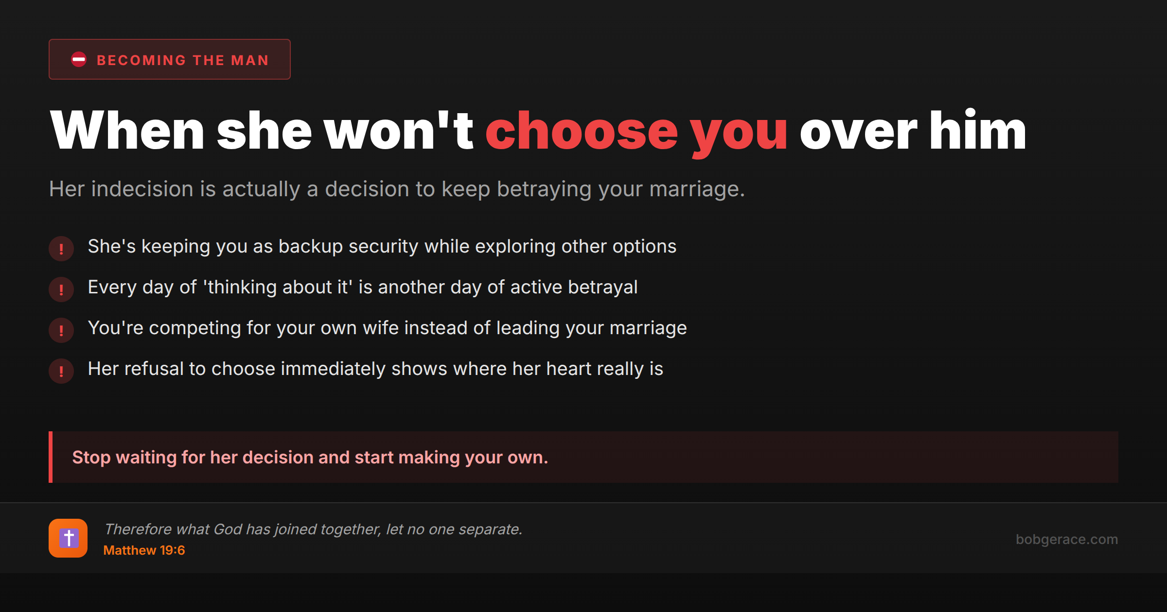 Marriage coaching advice for men when wife refuses to choose between husband and affair partner - biblical guidance on setting boundaries