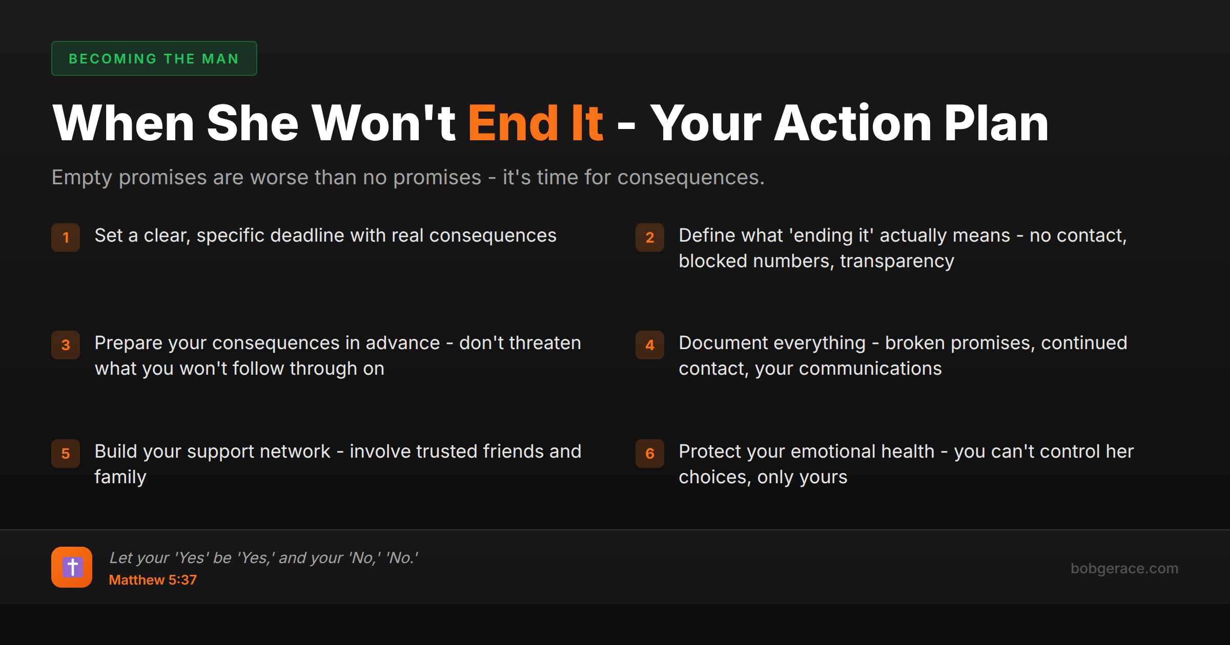 Action plan checklist for husbands when wife promises to end affair but continues the relationship - biblical marriage advice