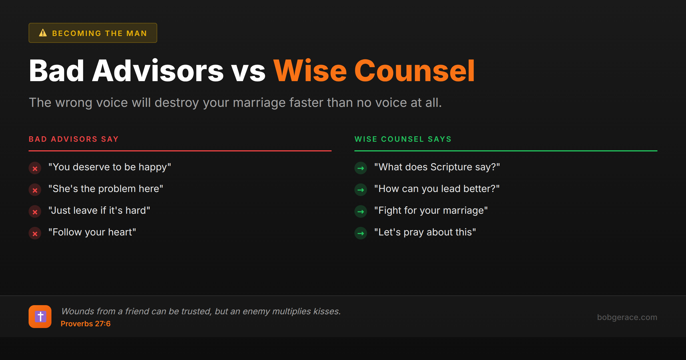 Marriage coaching comparison showing bad advisors versus wise counsel - what they say differently about marriage problems and solutions