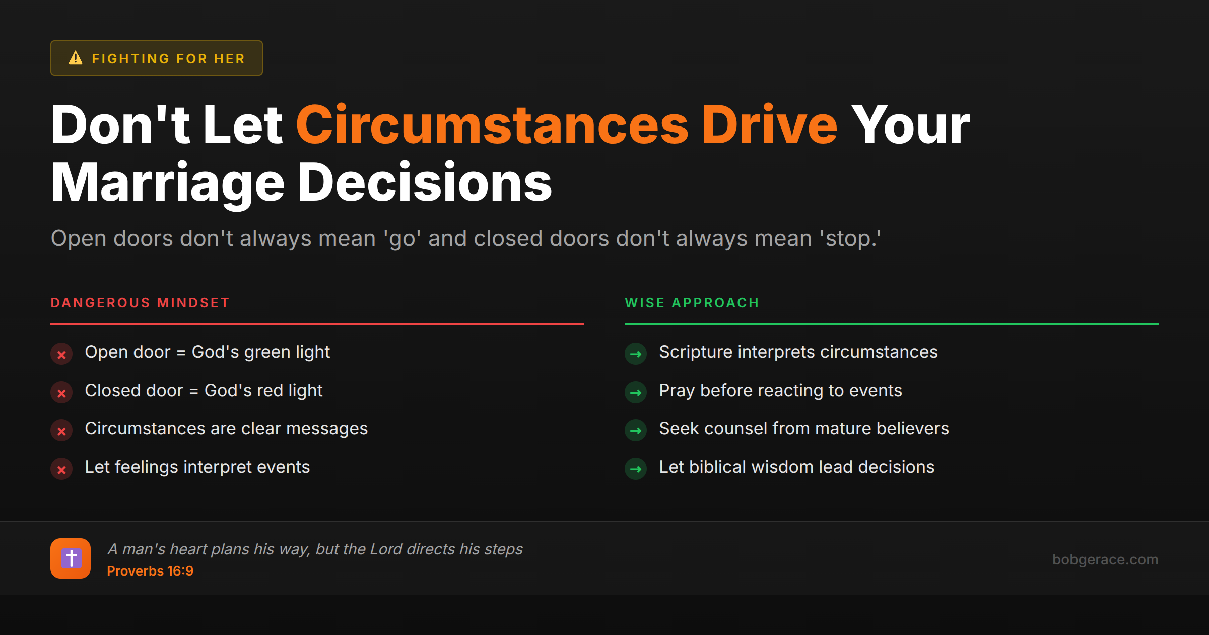 Marriage coaching advice comparing dangerous vs wise approaches to interpreting circumstances in marriage decisions with biblical wisdom