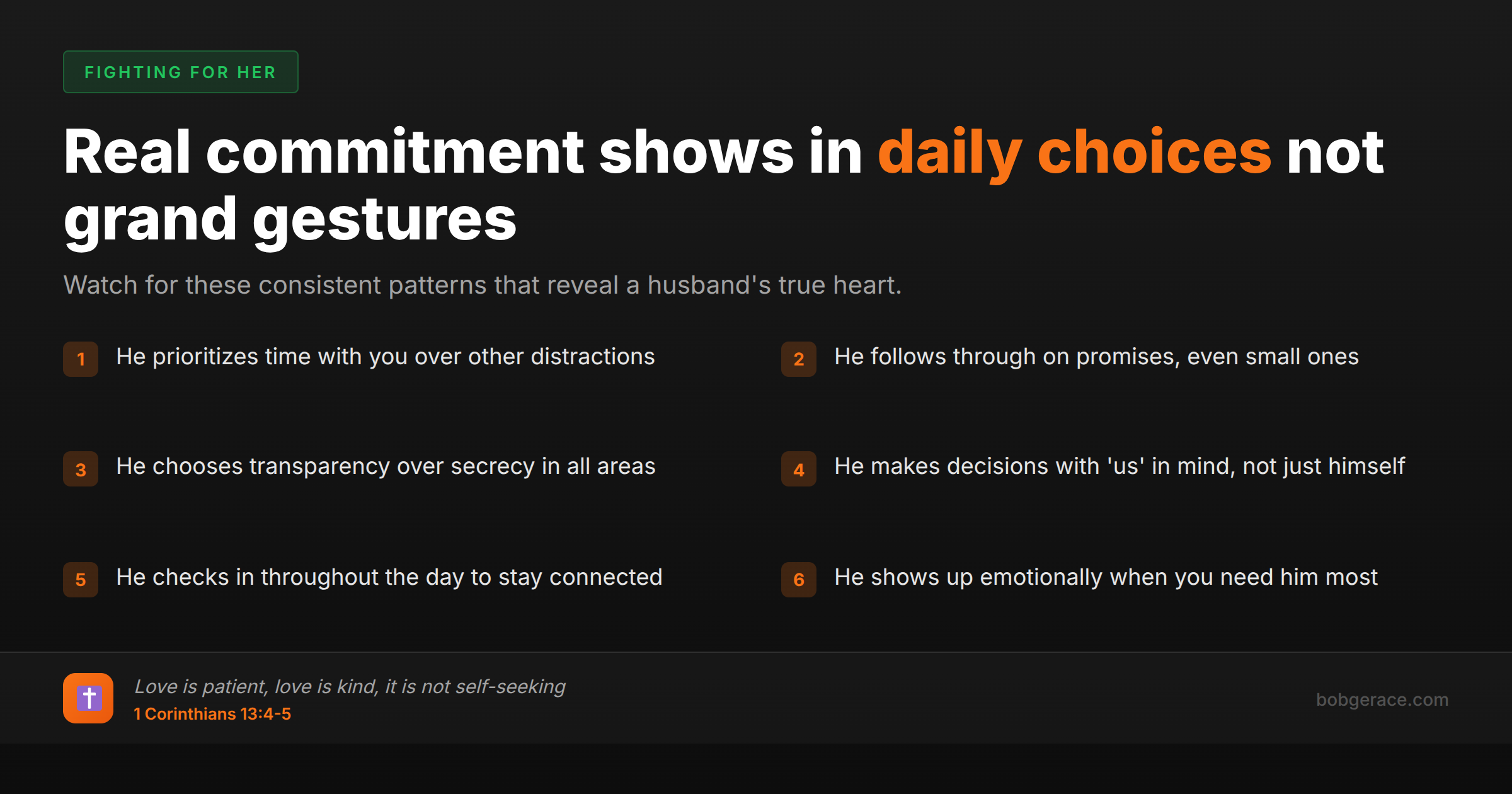 Marriage coaching checklist showing 6 daily practices that indicate true commitment in a husband
