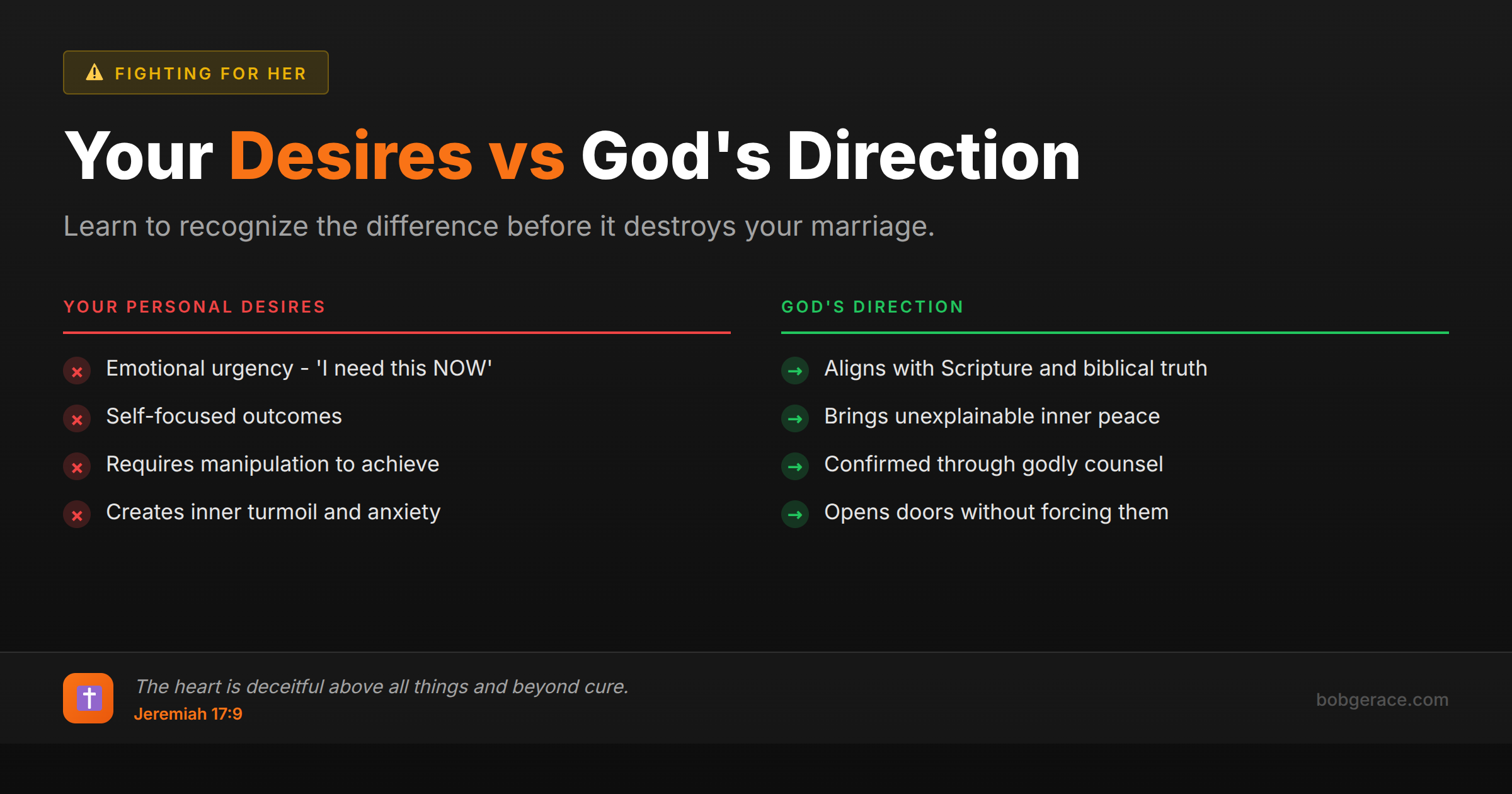 Comparison chart showing the difference between personal desires and God's direction in marriage decisions for Christian husbands