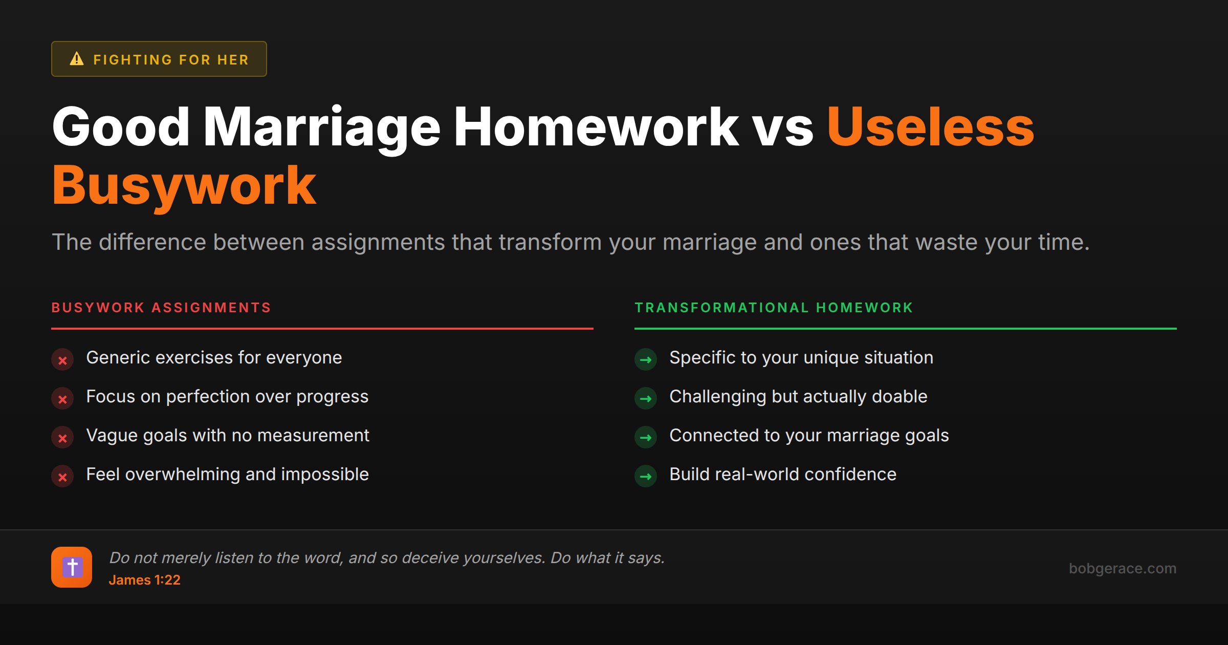 Comparison chart showing the difference between ineffective busywork assignments and transformational marriage coaching homework that creates real change