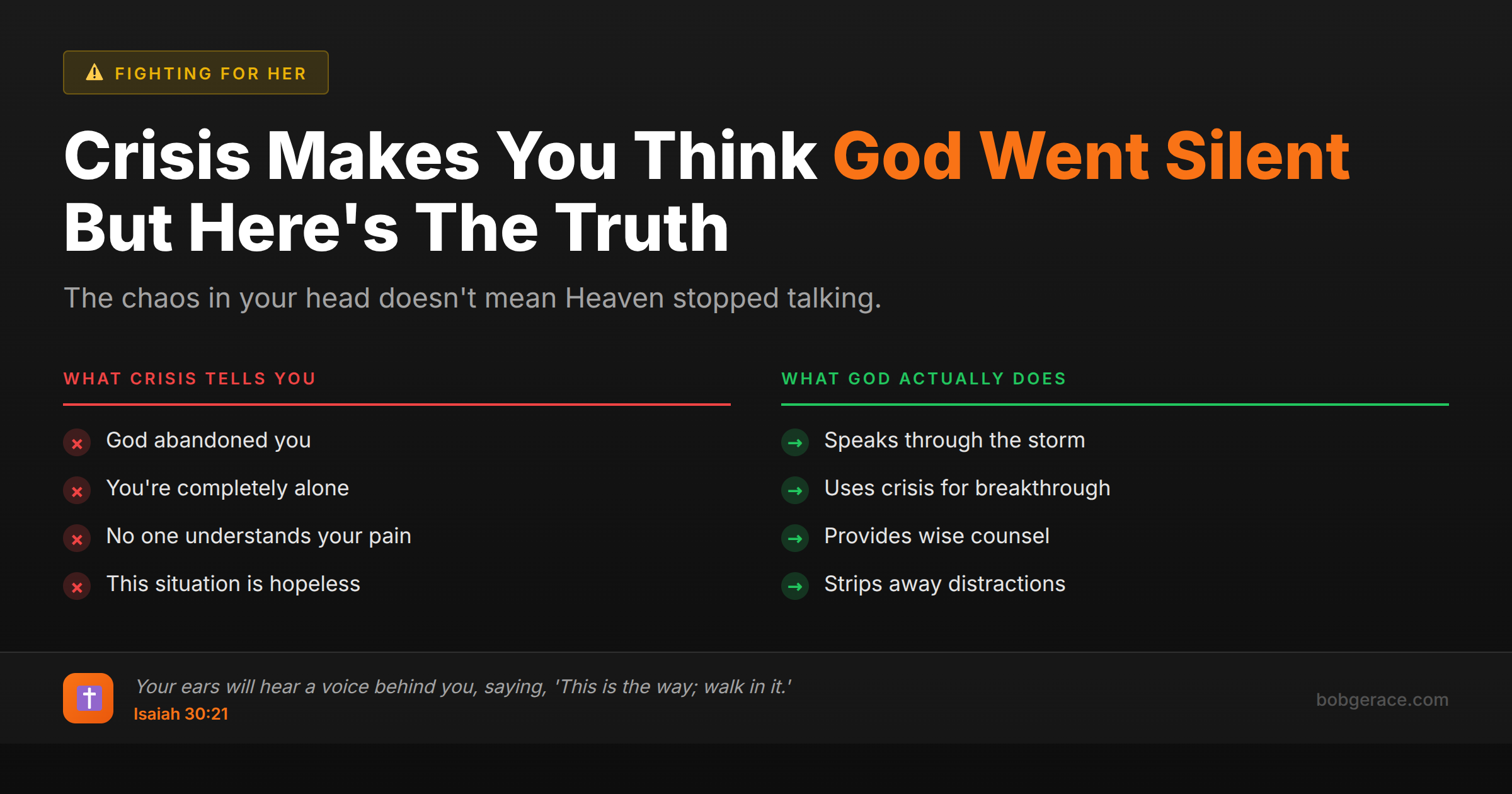 Comparison chart showing what crisis makes you think versus what God actually does when you're struggling, with Isaiah 30:21 scripture