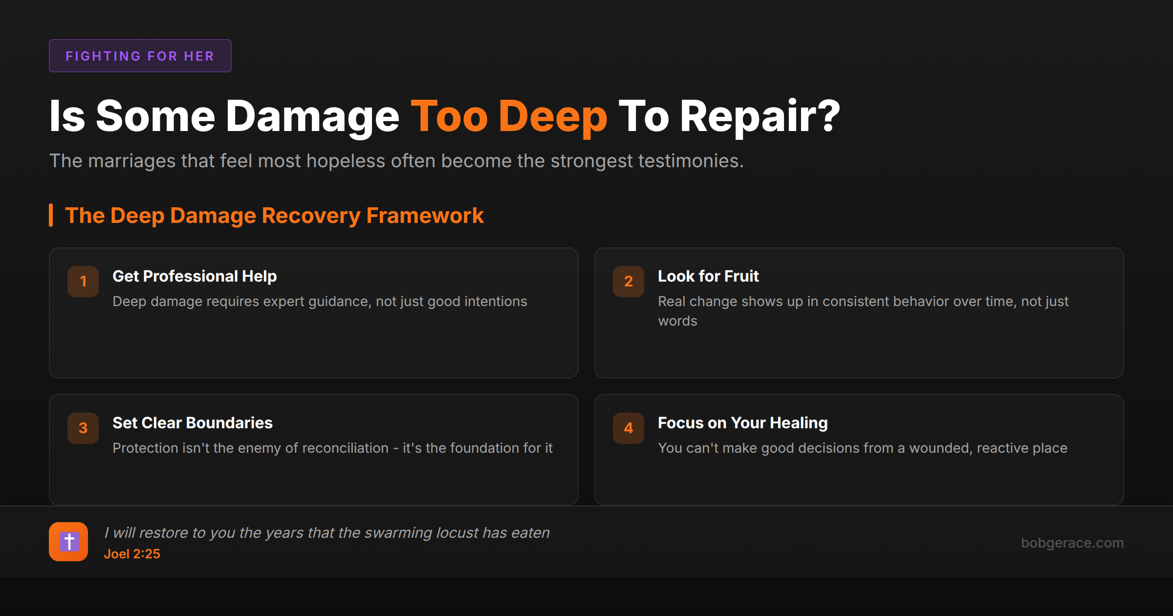 Marriage coaching framework for repairing deep relationship damage with biblical guidance and professional help steps