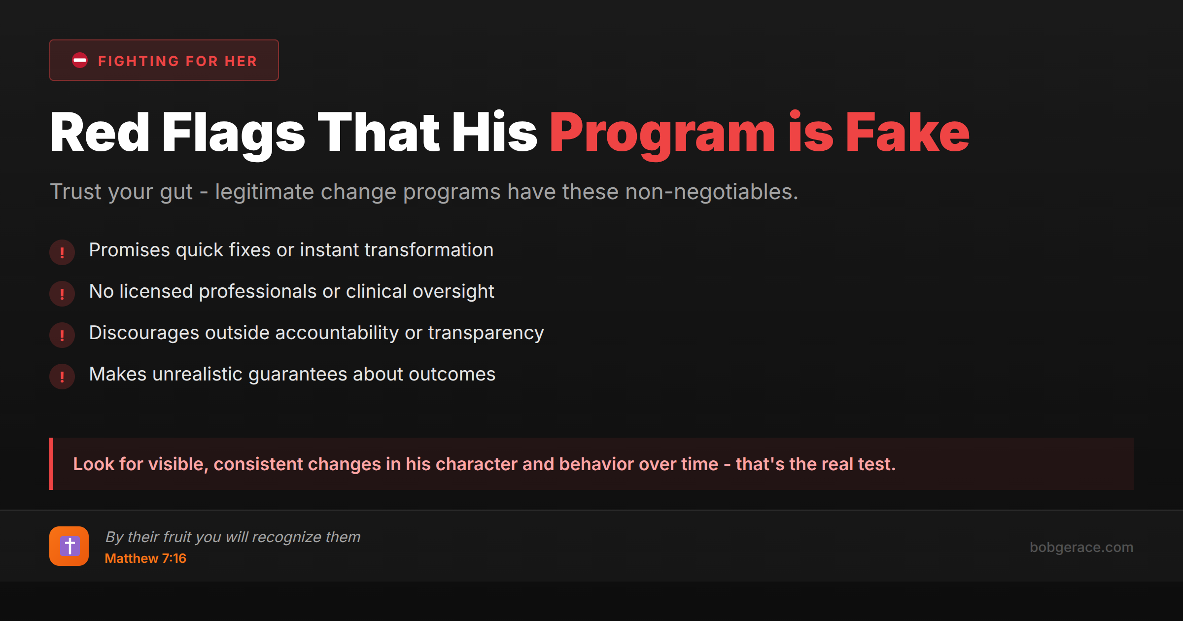 Warning signs that a husband's marriage recovery program may not be legitimate, with Bible verse about recognizing people by their fruit