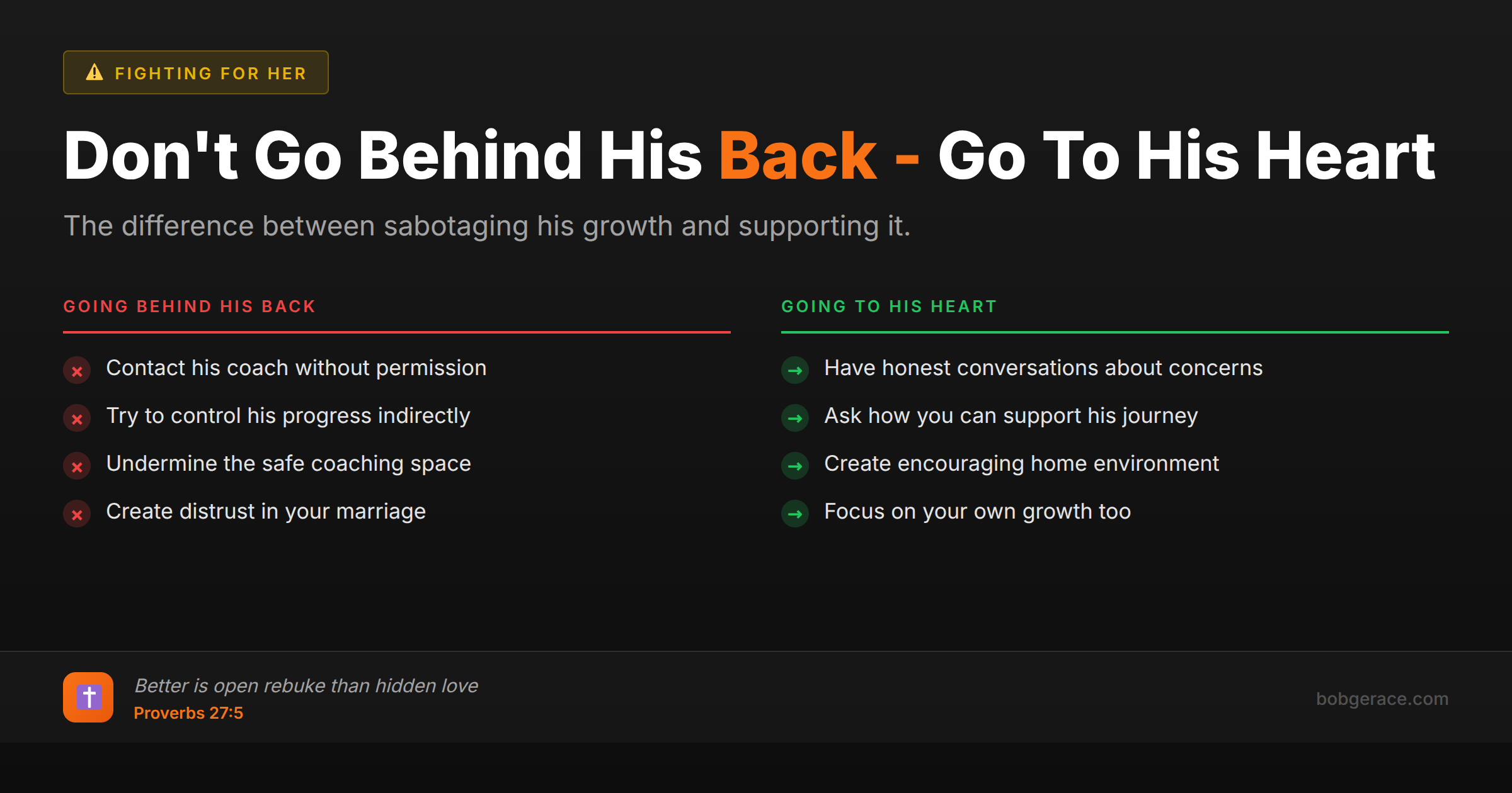 Marriage advice comparing wrong vs right ways to handle concerns about husband's coaching progress
