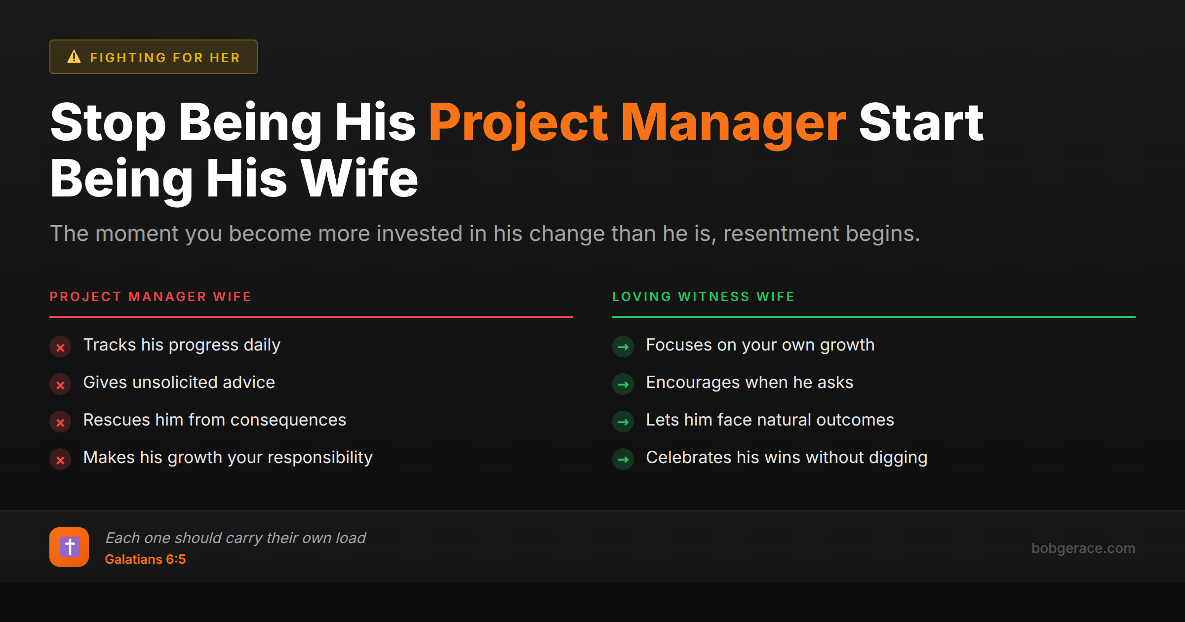 Marriage advice comparing project manager wife vs loving witness wife approaches to husband's personal growth