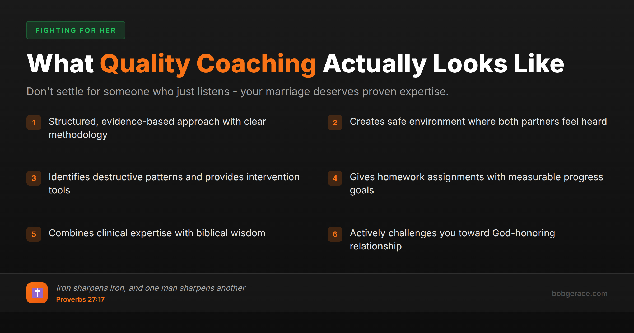 Checklist of what quality marriage coaching and therapy should include for Christian couples seeking professional help