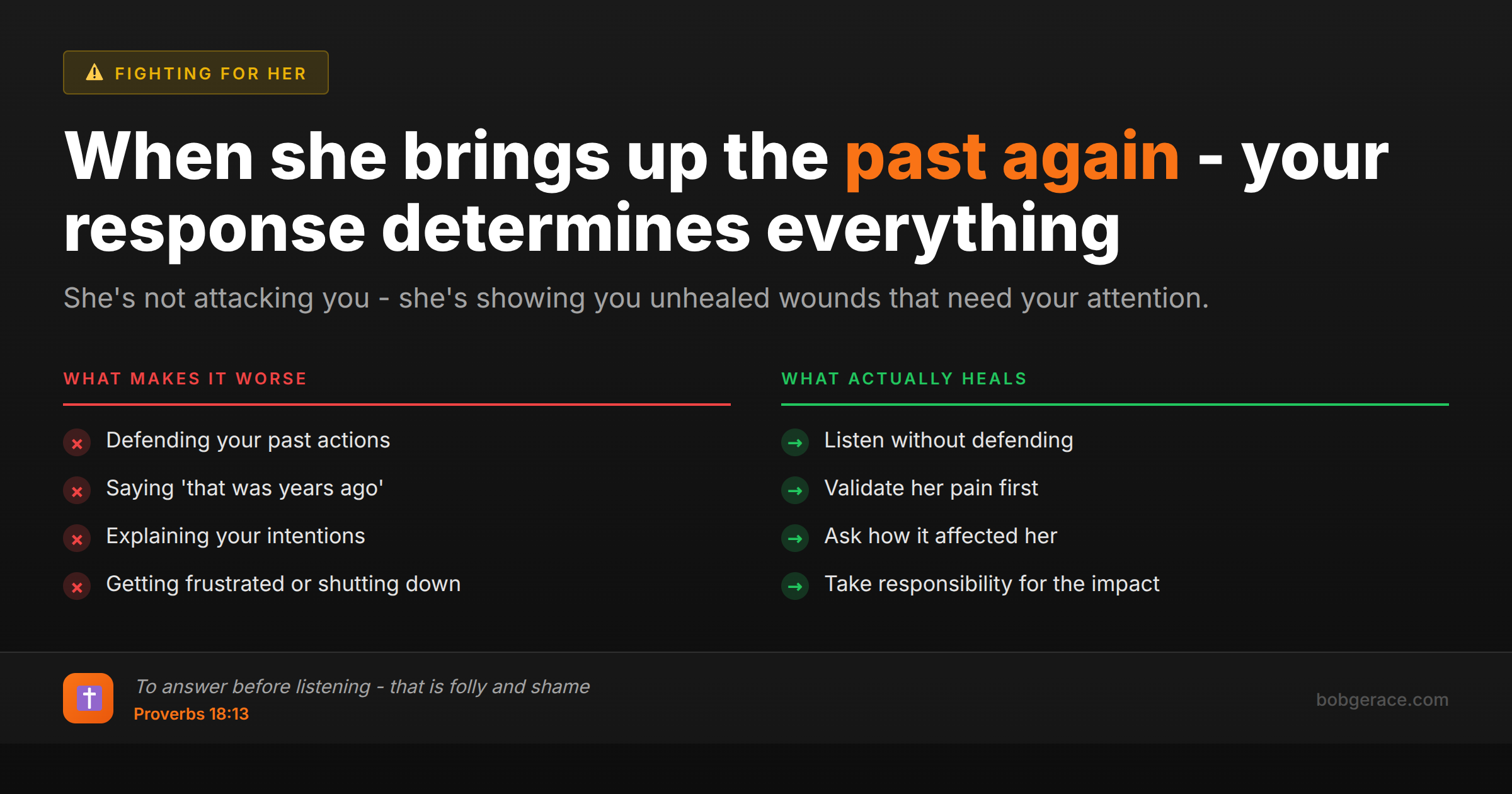 Marriage advice comparing wrong vs right responses when your wife brings up past hurts - stop defending and start healing