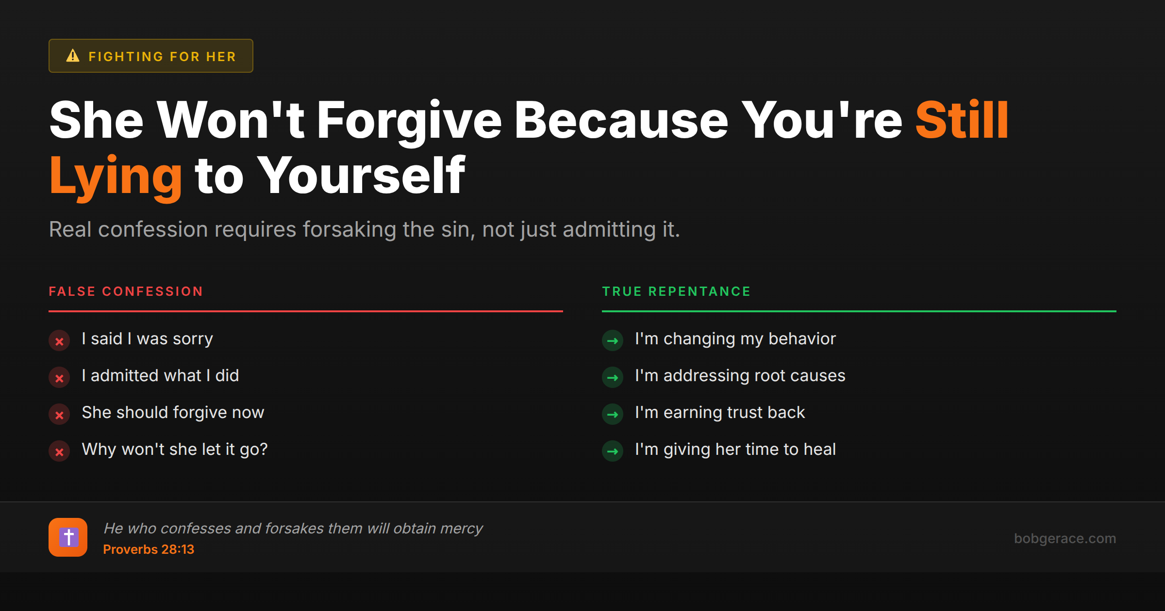 Marriage advice comparing false confession vs true repentance when wife won't forgive husband after he confessed wrongdoing