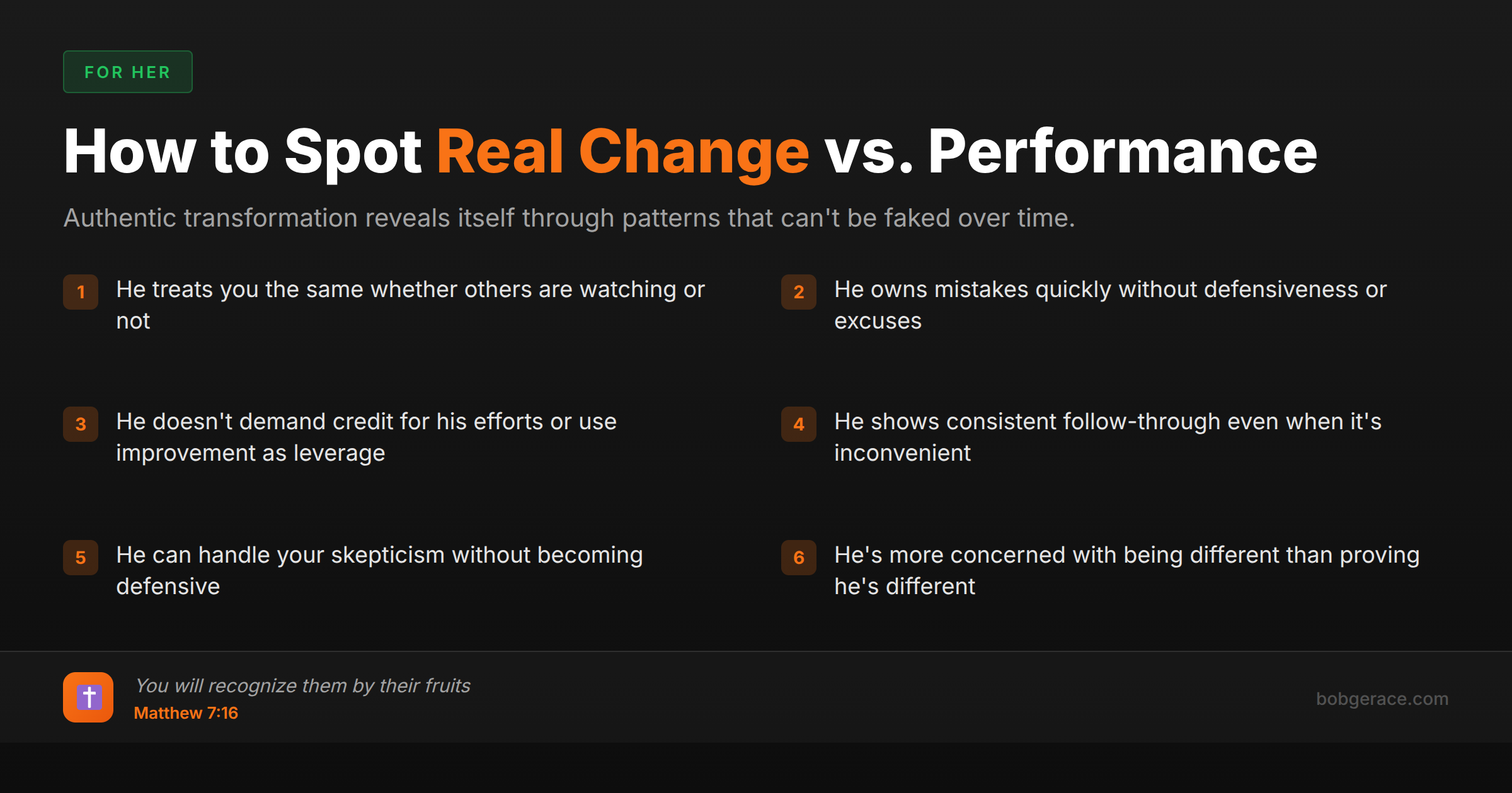 Marriage coaching checklist showing 6 signs of authentic transformation versus performance in relationships