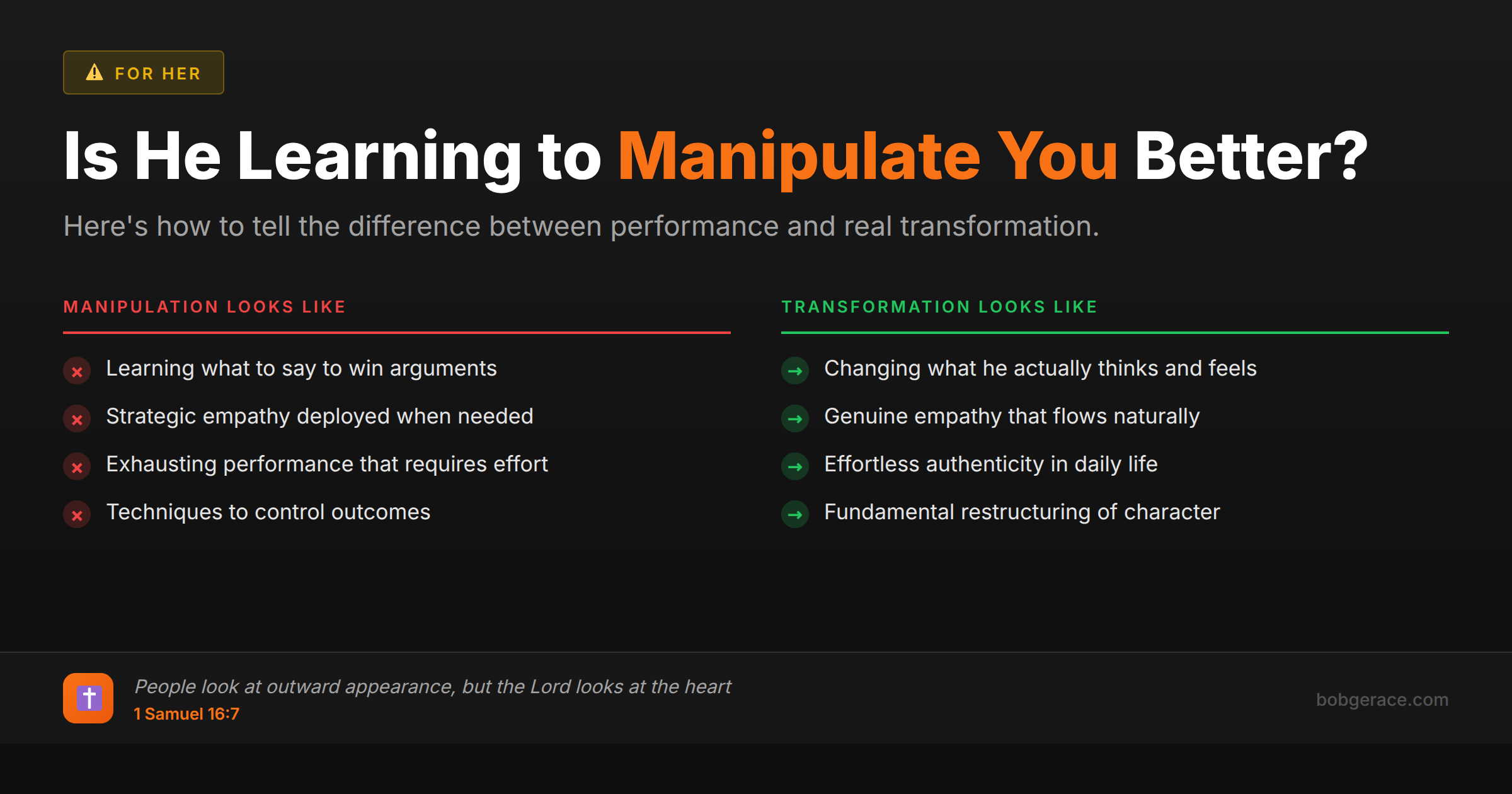 Comparison chart showing the difference between manipulation tactics and genuine transformation in marriage coaching