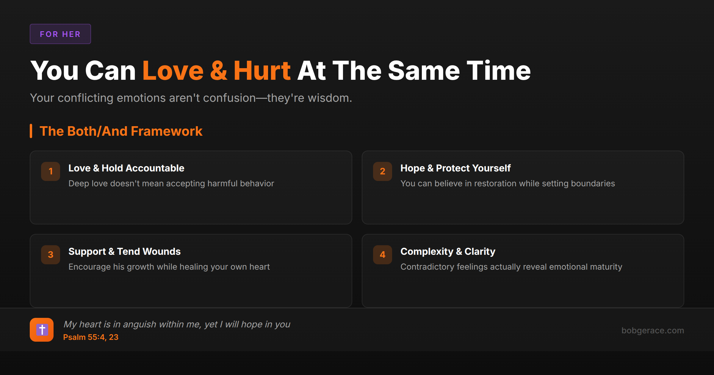 Marriage coaching framework showing how to love someone while being hurt by them, with Biblical perspective on conflicting emotions