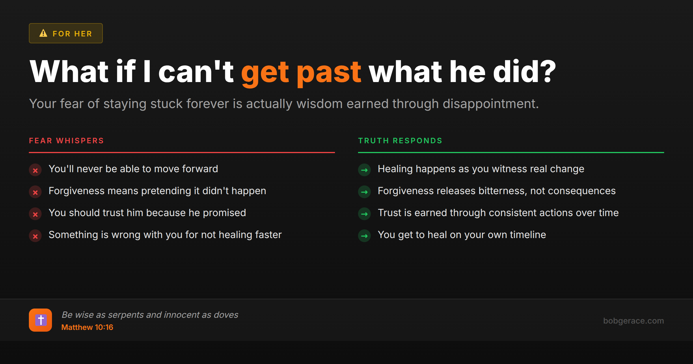 Marriage coaching advice comparing fears about healing from betrayal versus the truth about forgiveness and trust rebuilding