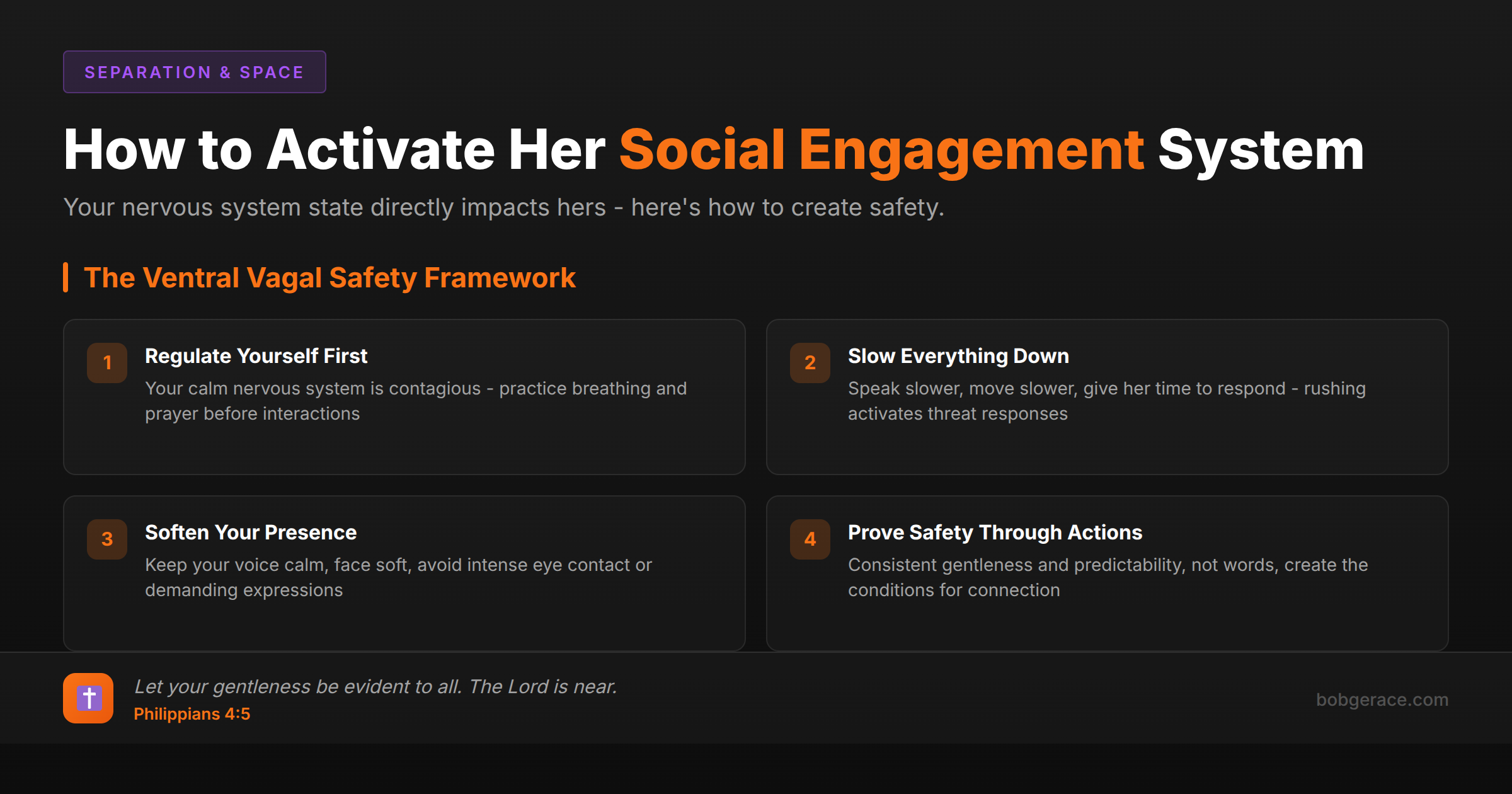 Marriage coaching framework showing how to activate wife's social engagement system through nervous system regulation and creating safety